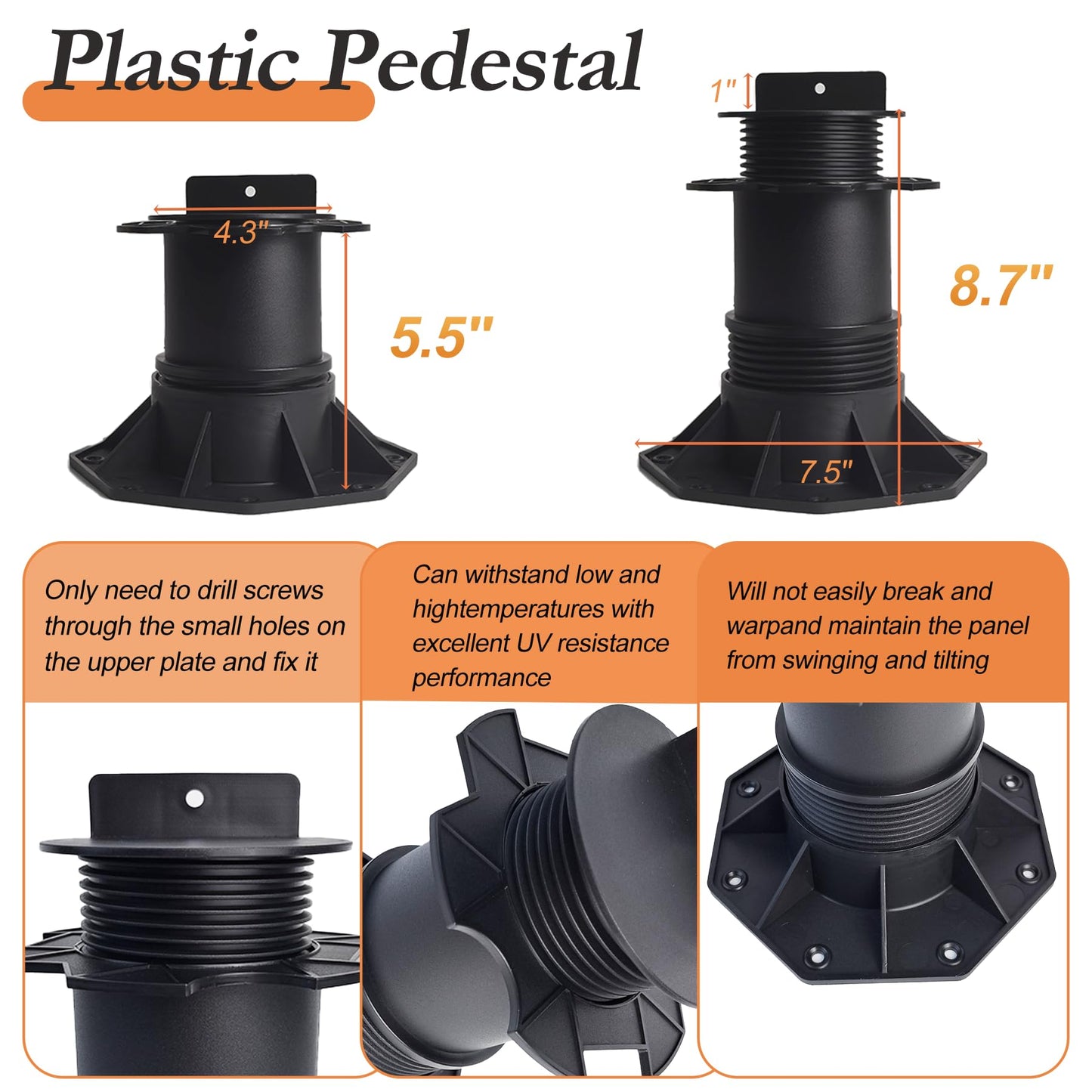 8 Packs Adjustable Deck Support Deck Blocks Plastic Pedestal Paver, Shed Foundation Base Deck Block Floor Raising 5.5" - 8.7", Joist Support Pedestals for Wood WPC Aluminum Foundation Kit