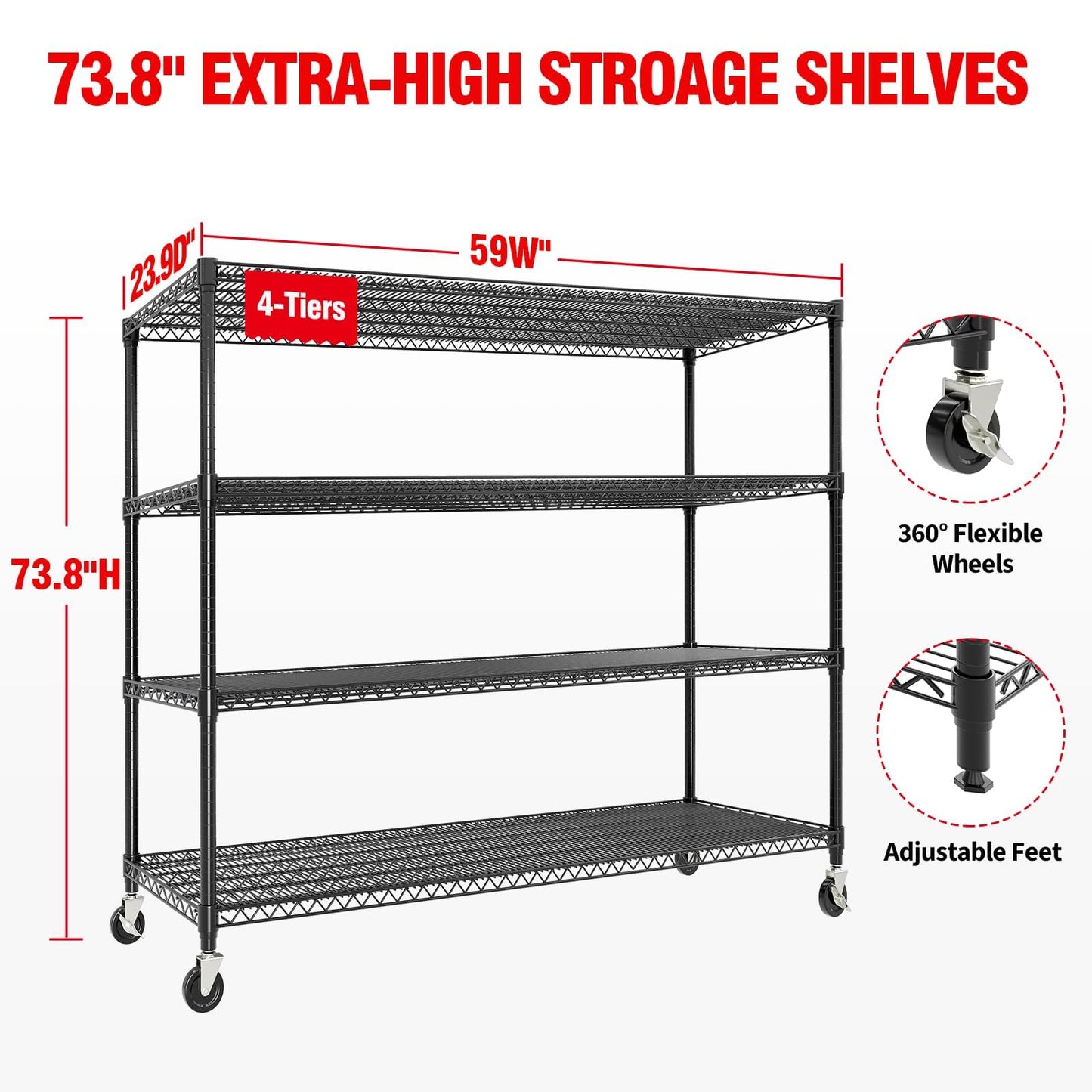 Metal Storage Shelving with Wheels, 4 Tiers Heavy Duty Rolling Storage Shelves with Adjustable Wire Racks, 59"W*74"H*24"D Garage Shelving Units, 2640LBS, for Kitchen Pantry Commercial Industrial,Black