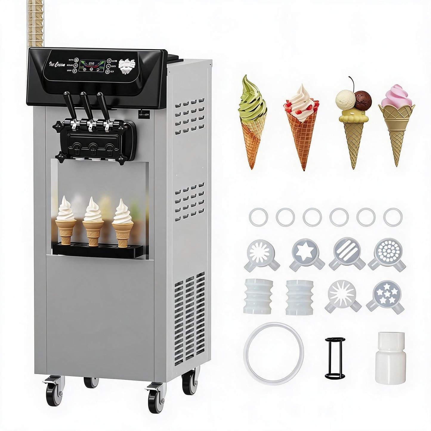 Commercial Soft Serve Ice Cream Machine 2200W, 5.8-8 Gal/Hr Yield, 2+1 Flavor with 2x7L Hopper & 3 Dispensers, Auto Clean & LCD Display for Restaurant Bars