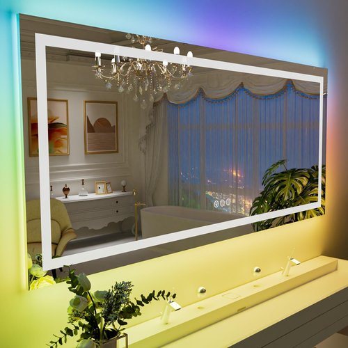 LOAAO RGB LED Bathroom Mirror - 55” x 36” Large Anti-Fog Dimmable Vanity Mirror with Smart Lighting & Memory Function