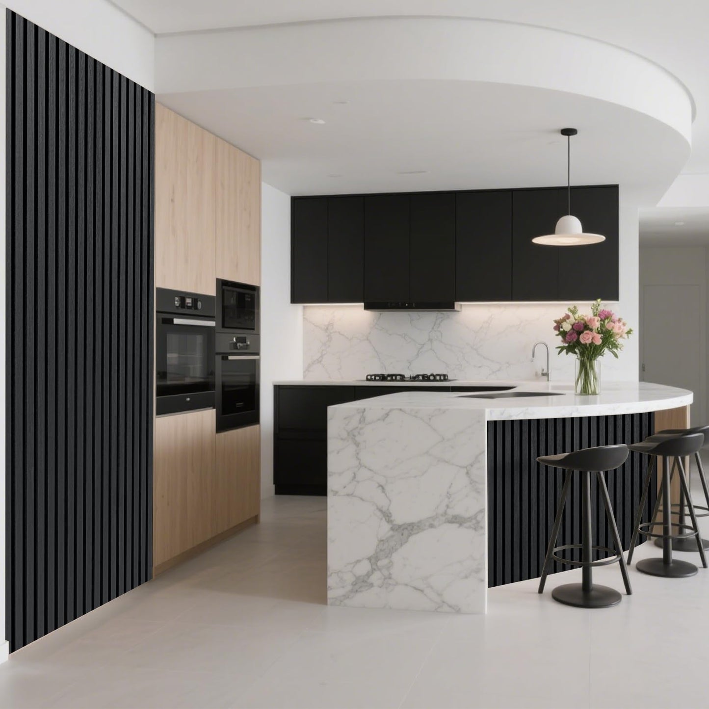 Art3d 1-Pack Acoustic Wood Slat Wall Panel with Roll-Flat Design - 95.3 x 23.8 Inch Sound Absorbing Panels for Living Room Columns Corridor Curved Wall Decor, Blackwood