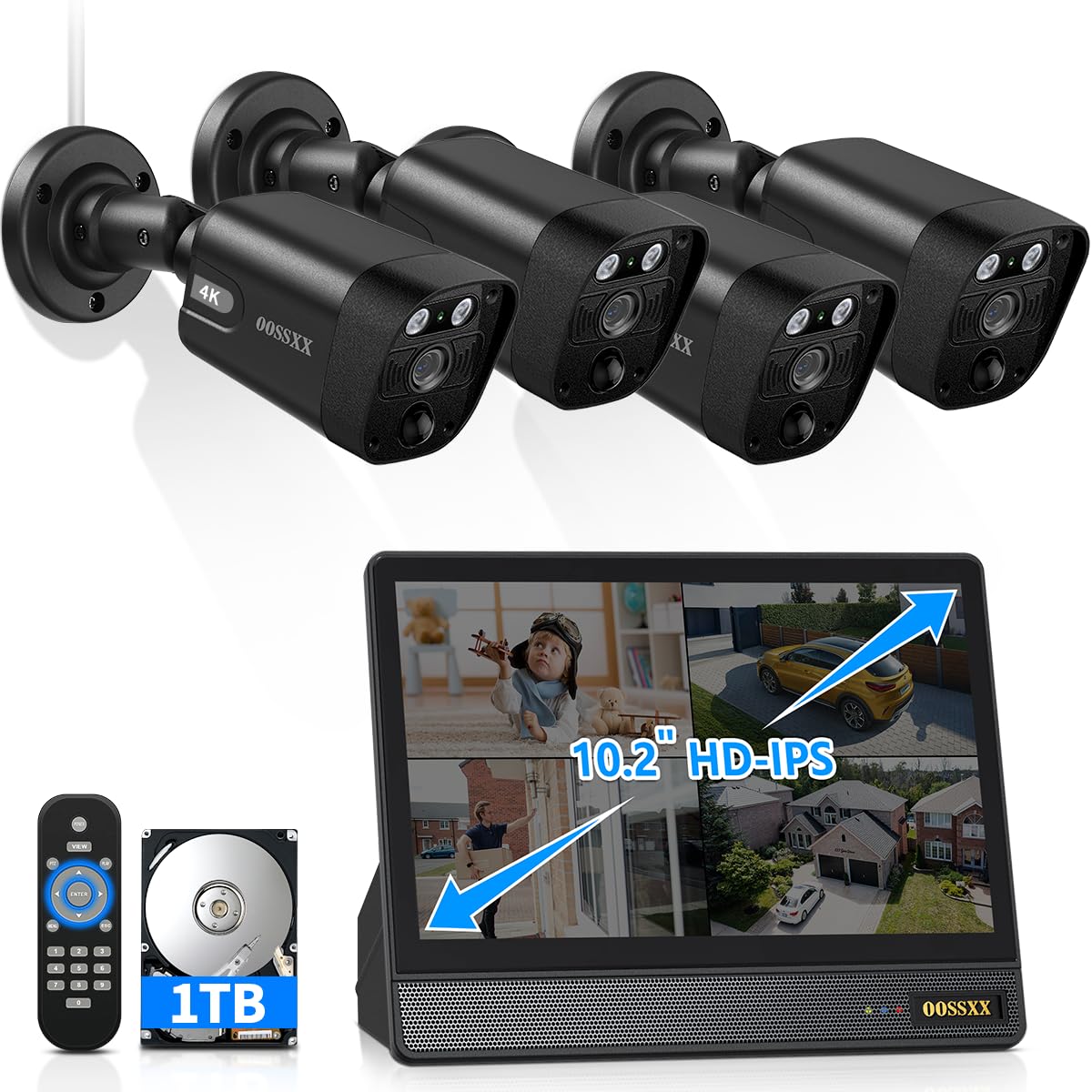 (2026 New) 4K PoE Security Camera System Outdoor, 8CH NVR with 10.2" IPS Monitor & 1TB HDD, 4 Cameras, 130° Wide Angle, AI Human Detection, Two-Way Audio, No Monthly Fee
