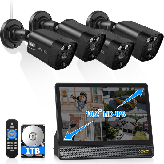 (2026 New) 4K PoE Security Camera System Outdoor, 8CH NVR with 10.2" IPS Monitor & 1TB HDD, 4 Cameras, 130° Wide Angle, AI Human Detection, Two-Way Audio, No Monthly Fee