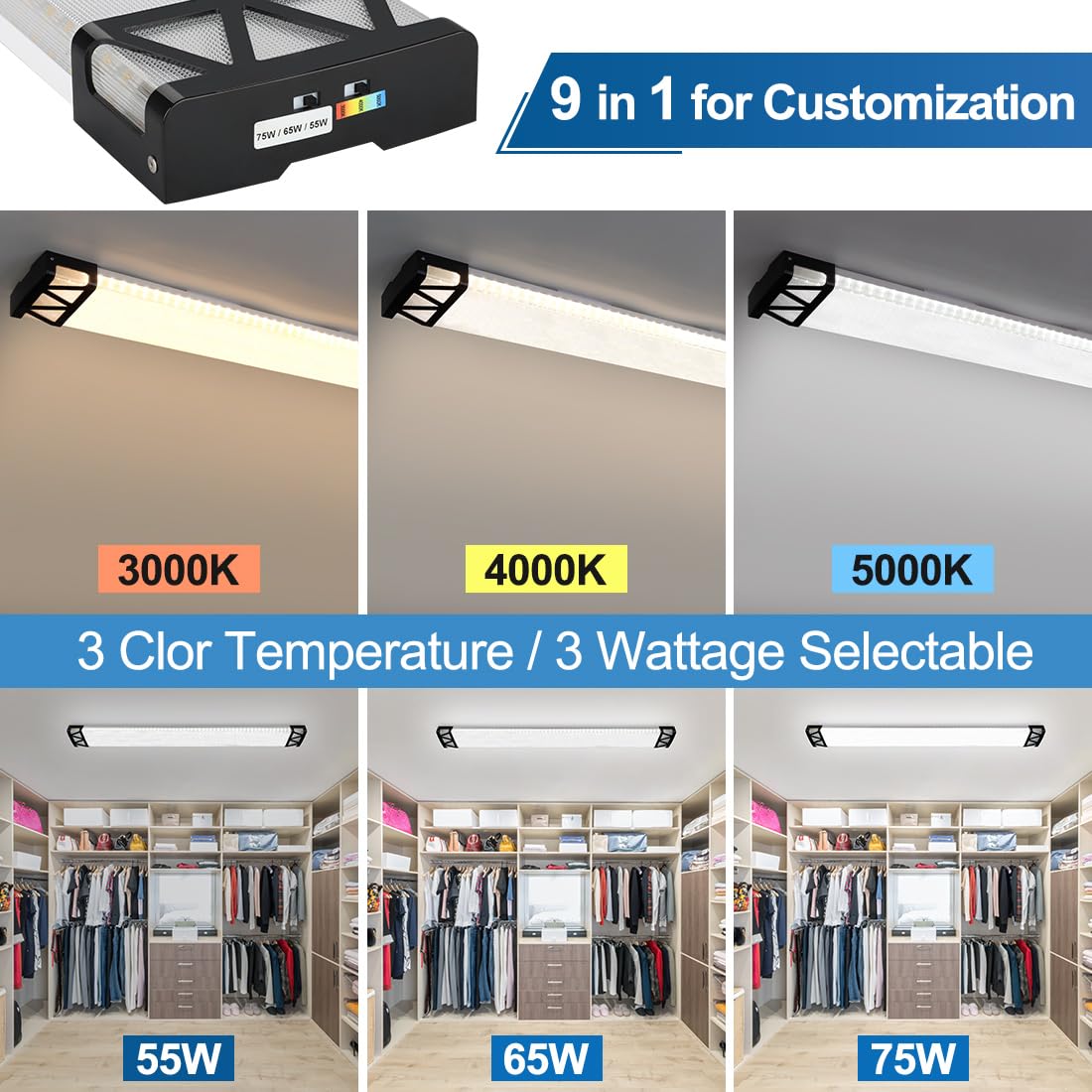 DAKASON 4FT LED Shop Lights for Garage Ceiling with Night Lighting, 48in LED Wraparound Light 75/65/55W 3/4/5000K Selectable, LED Ceiling Light Surface Mount for Office Workshop 4Pack