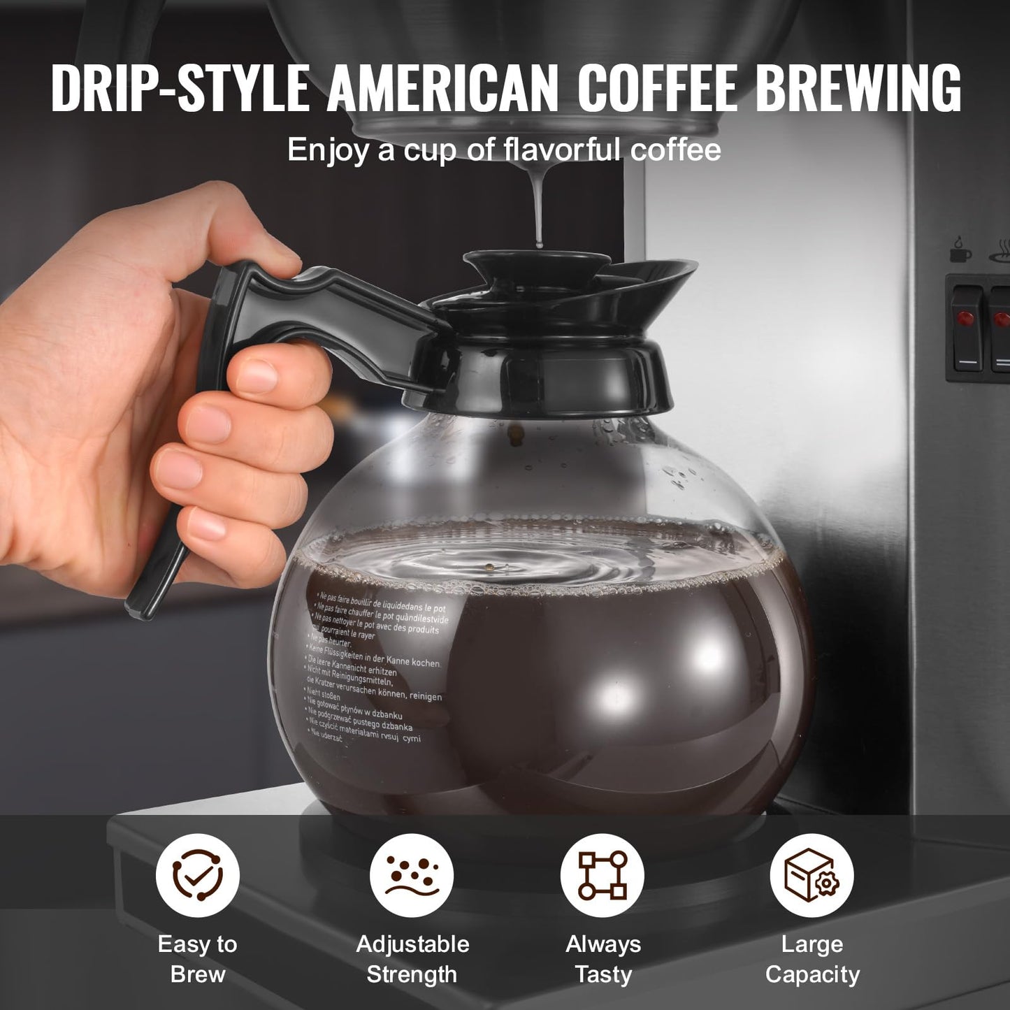VEVOR Commercial Drip Coffee Maker, 12 Cups Coffee-Maker Machine with 2 Glass Carafes and 2 Decanter Warmer Plates, Stainless Steel Drip Style Coffee Brewer, for Restaurant, Office, Coffee Shop & Home