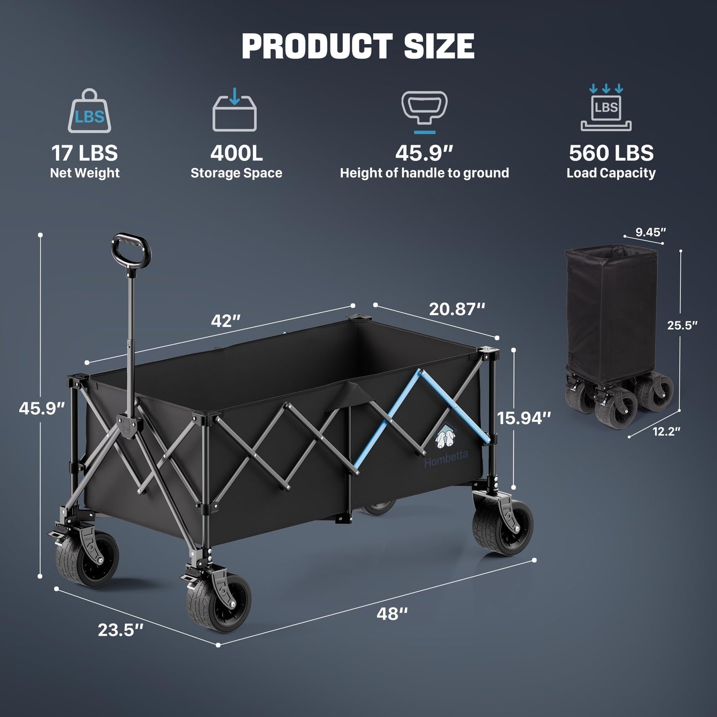HOMBETTA 48" XL Collapsible Wagon Cart, 400L Heavy Duty Folding Wagon with All-Terrain Wheels, 560 lbs Capacity Utility Wagon for Camping, Garden, Sports, Beach and Shopping