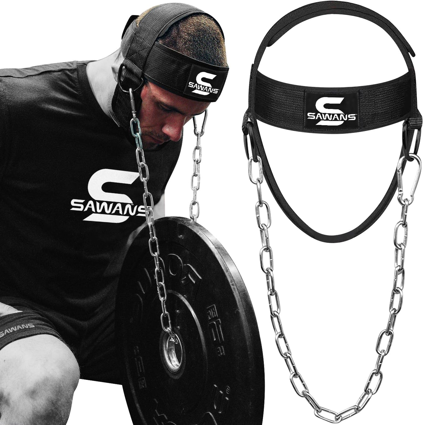 SAWANS Neck Trainer Harness for Weight Sports - Neck Stretcher & Head Trainer - Adjustable, Black