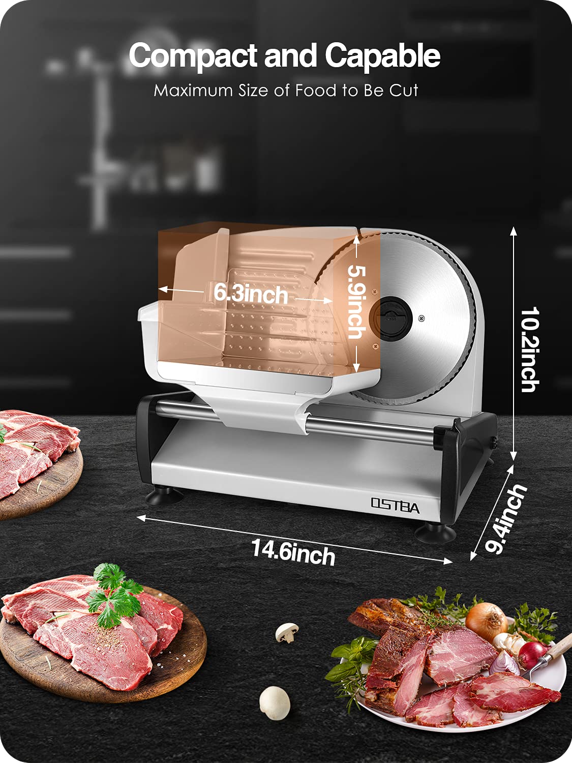 OSTBA Meat Slicer 200W Electric Deli Food Slicer with 2 Removable 7.5" Stainless Steel Blade, Adjustable Thickness for Home Use, Child Lock Protection, Easy to Clean, Cuts Meat, Bread and Cheese