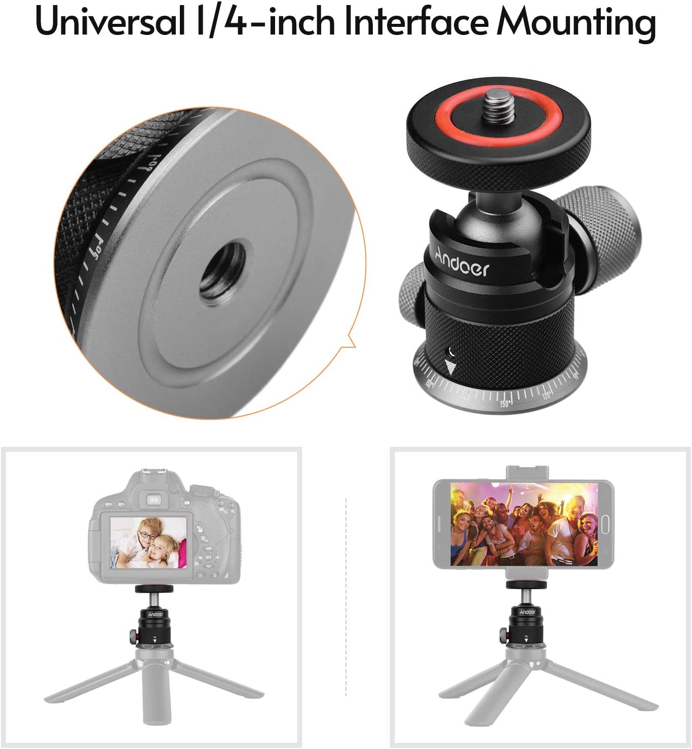 Andoer 360 180 1/4 DSLR Tripod Ball Head,Aluminum Alloy Tripod Ball Head Mount Panoramic Swivel Flip with Scaled Base