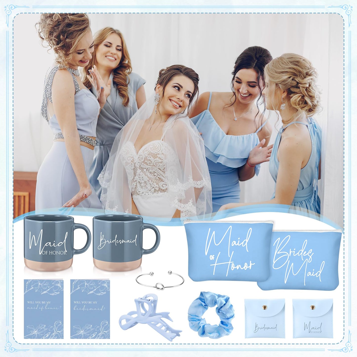 Didaey 42 Pcs 6 Sets Bridesmaid Proposal Gifts, Wedding Favors for Bridesmaids & Maid of Honor Ceramic Coffee Mugs Makeup Bags Invited Cards Scrunchies Bracelets Jewelry Bags Hair Clips(Blue)