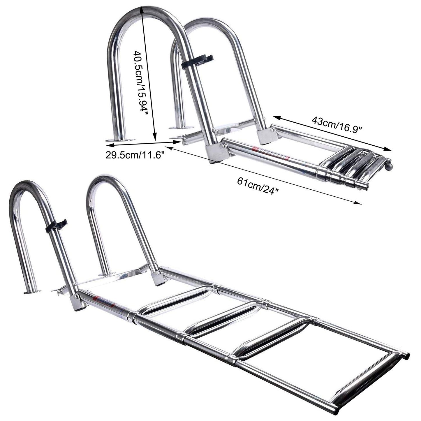 Amarine Made Boat Ladder 4 Steps Removable Premium Stainless Folding Rear Entry Pontoon Boat Ladder w/Extra Wide Step