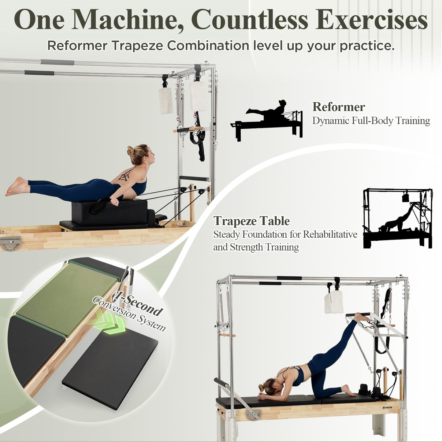 PAETA Pilates Reformer, Wooden Reformer Pilates Machine with Cadillac Trapeze Table, Pilates Equipment for Home Workout and Studio, Includes Sitting Box, Jumpboard(Reformer Cadillac