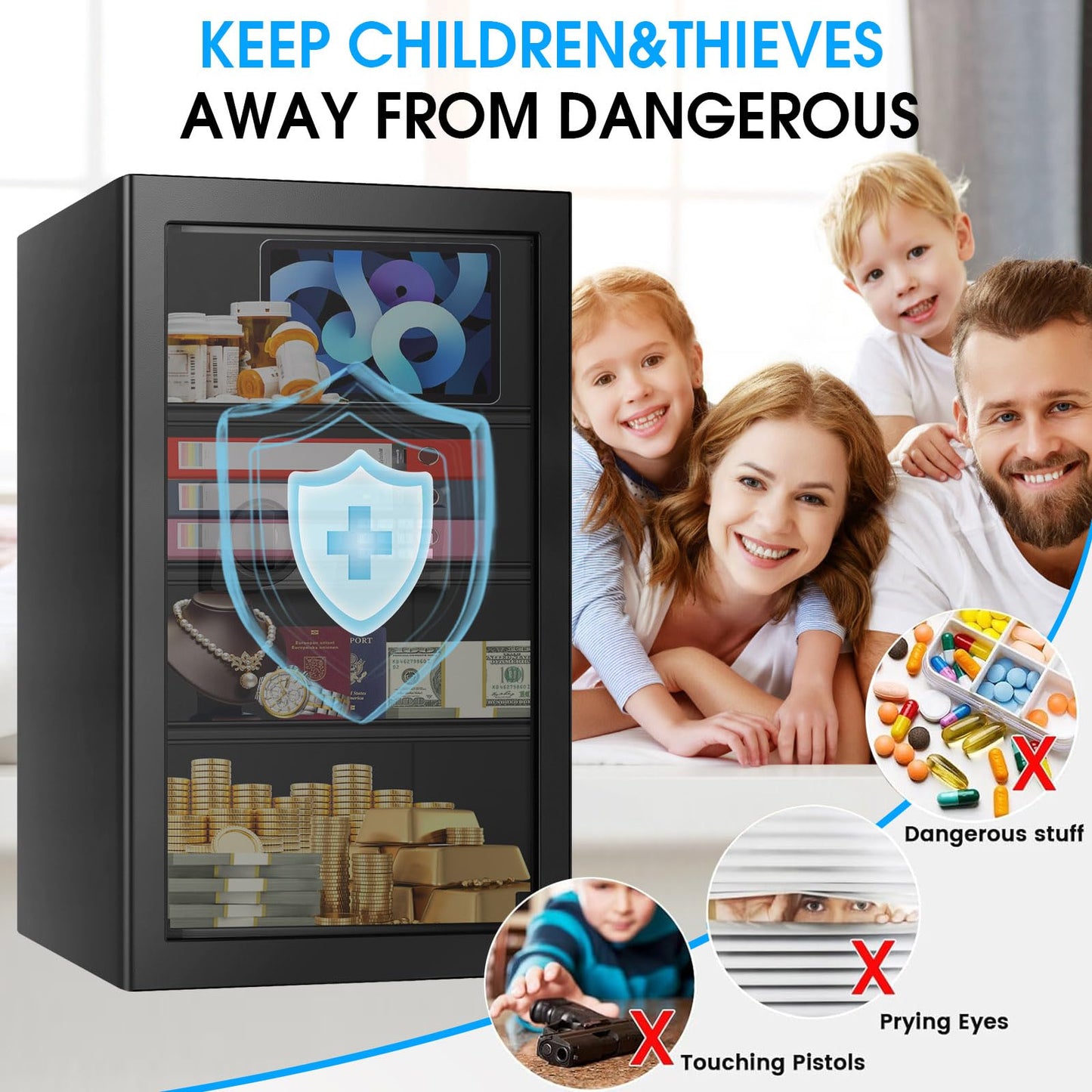 5.2 Cu Ft Large Home Safe Box Fireproof Waterproof, Personal Security Safe with Digital Keypad, Spare Keys, Alarm System and 3 Removable Shelves, Fire Document Safes for Home Money Medicine Valuables