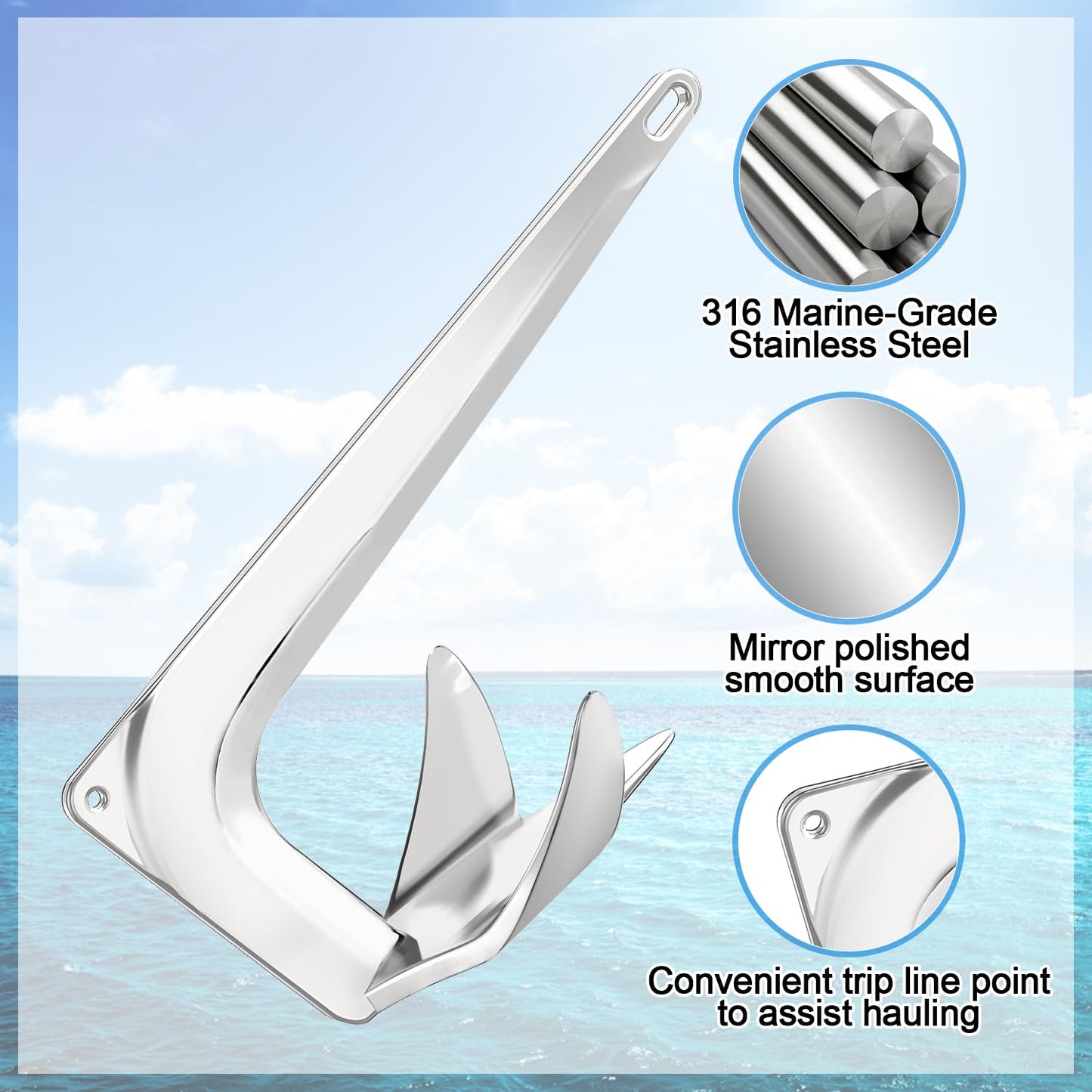 FUCNEN 316 Stainless Steel Bruce Style Claw Anchor with Mirror Polish Marine Grade 5 kg/11 lb Boat Anchor for Sailboats, Fishing Boats, Pontoon, Bass Boats, Sport Boats