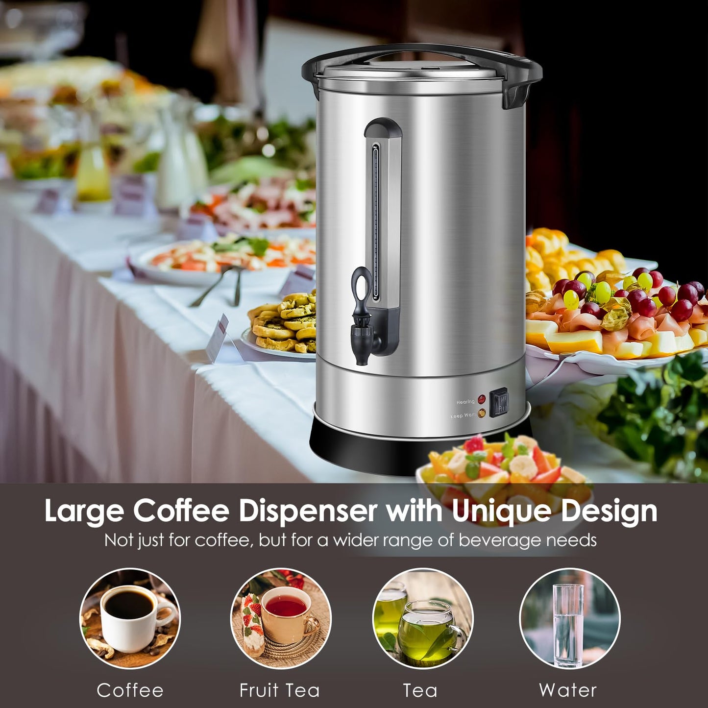 HOMOKUS Commercial Coffee Urn, 120 Cup Extra Large Hot Water Urn, 18L Silver Double Wall Stainless Steel Large Coffee Urns, 1500W Quick Brew Commercial Coffee Percolator Electric for Gatherings