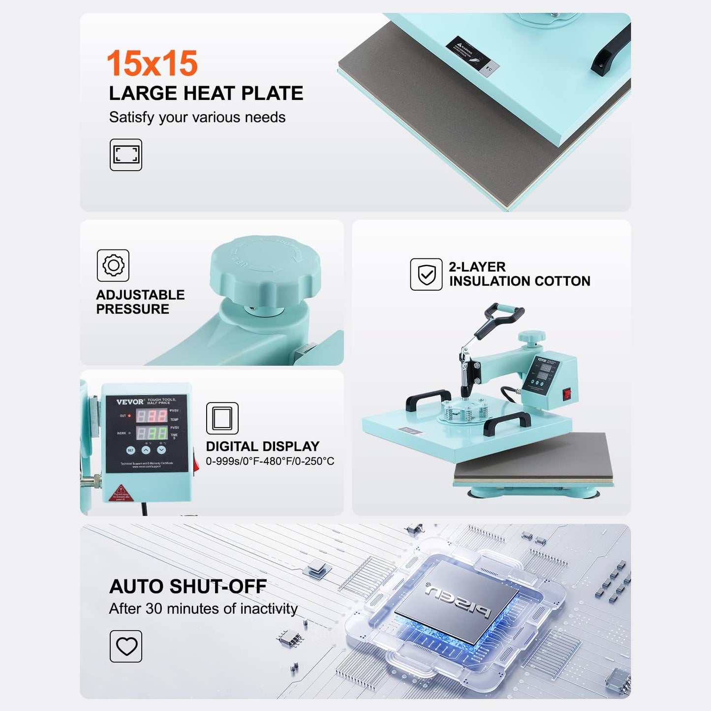 VEVOR 15x15 Heat Press Machine 8 in 1 Combo with 30 OZ Tumbler Press & Hat Press, Slide Out Heat Press Sublimation Machine for T-Shirts, Hats Caps Tumblers Glass Cans Mugs, and Plates (Light Green)