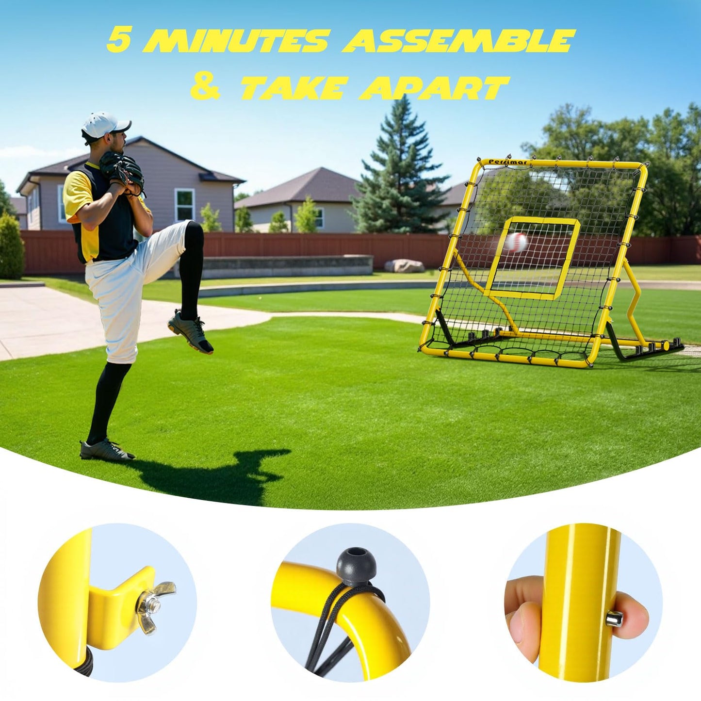 Baseball Rebounder Net,4x4.5FT Multi-Sport Pitch Back Rebounder Steel Frame with 4 Adjustable Angles, 40pcs Bungees Soccer, Volleyball&Lacrosse Trainer for Solo Fielding (Yellow)