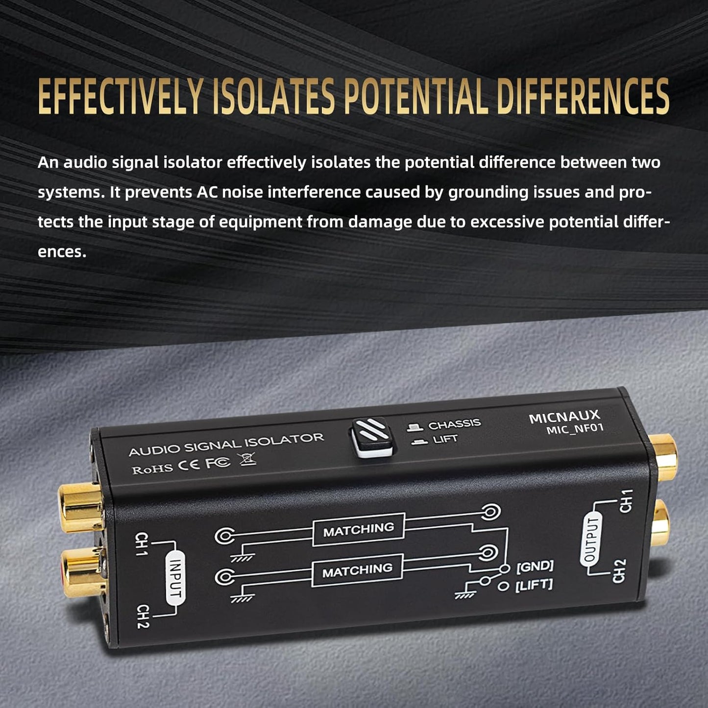 Audio Hum Eliminator Ground Loop Noise Isolator (No Affects Bass), Dual Channel Gold Coating Aluminum Shell Noise