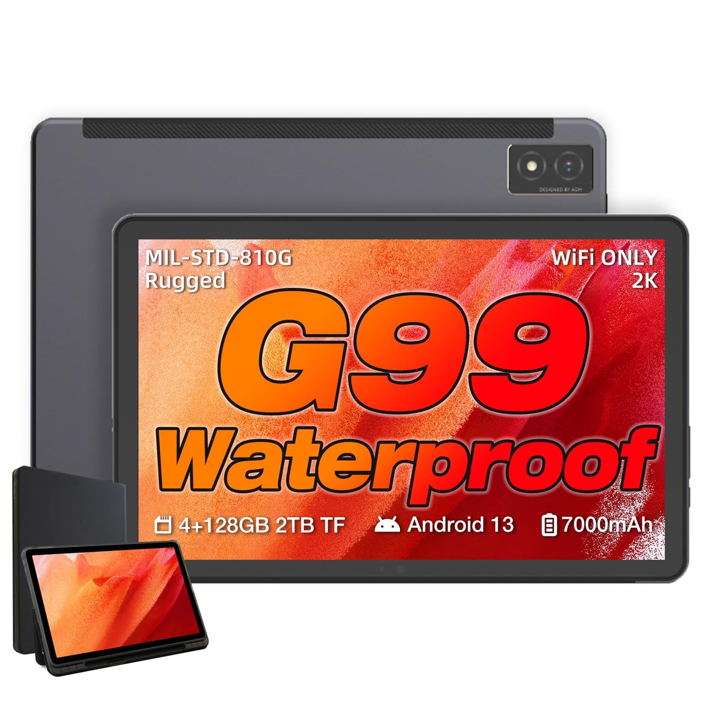 AGM PAD P1 Rugged Android Tablet with Case, 10.36-inch 120Hz FHD 2K Display, Waterproof & Drop-Proof & Dustproof, MTK G99, Android 13.0, Dual Box Stereo Speakers, 7000mAh, 4GB+128GB[TF 2TB], GPS, WiFi