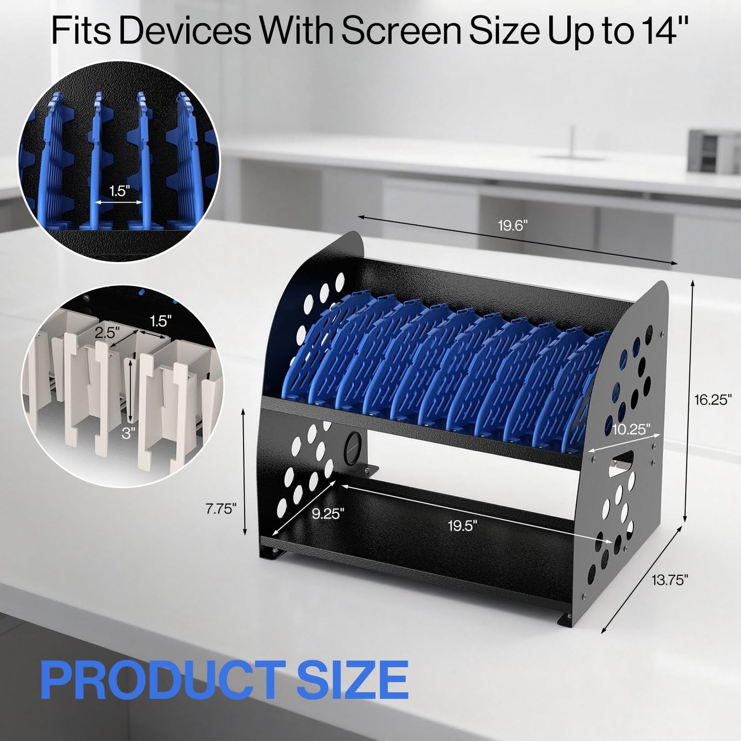 POCHAR 10-Device Charging Station for Chromebook, Tablet - Laptop Storage Rack with Storage Space, Multi-Device Charging Organizer for Classroom, Office, Hospital