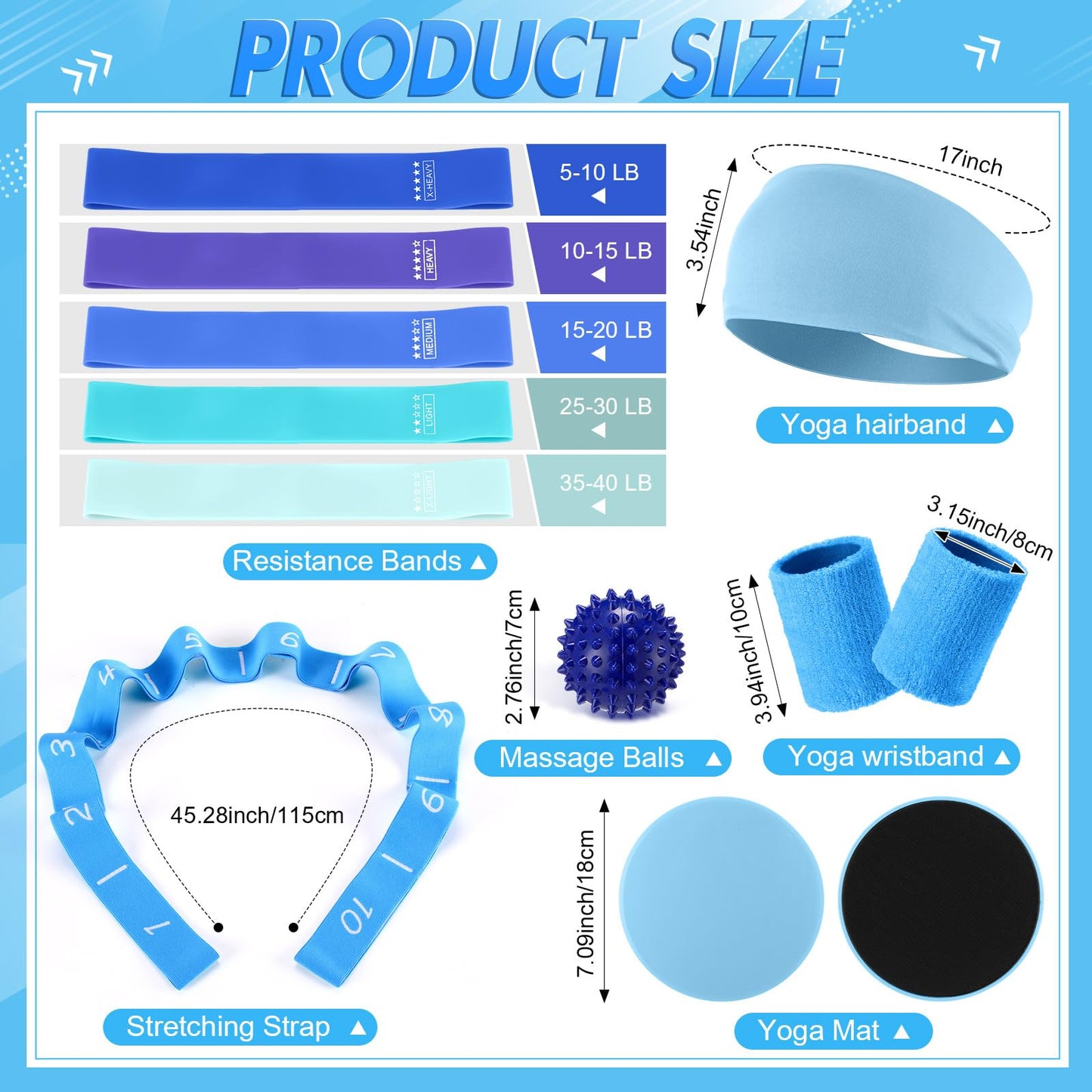 Poen 18 Pcs Home Pilates Ball and Ring Circle Set Yoga Fitness Essentials Kit with 5 Resistance Band Stretching Strap Non Slip Sock Ball Core Slider Wristband Headband Gym Bag for Women(Blue)