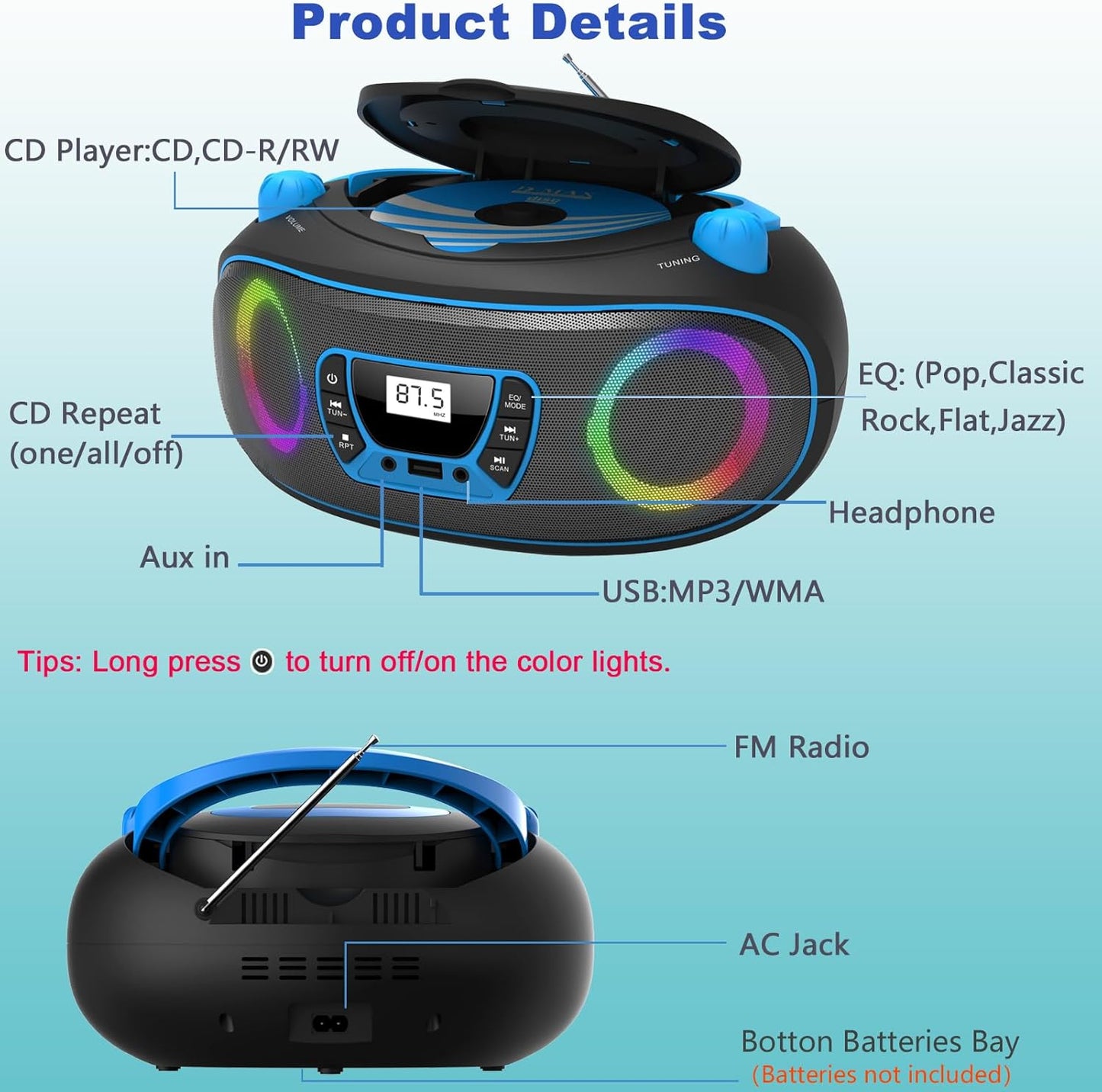 WIITHINK MP3 Jack,MP3 Portable Radio CD Player Boombox with Bluetooth,FM Radio,USB Playback,AUX-in,Headphone CDs