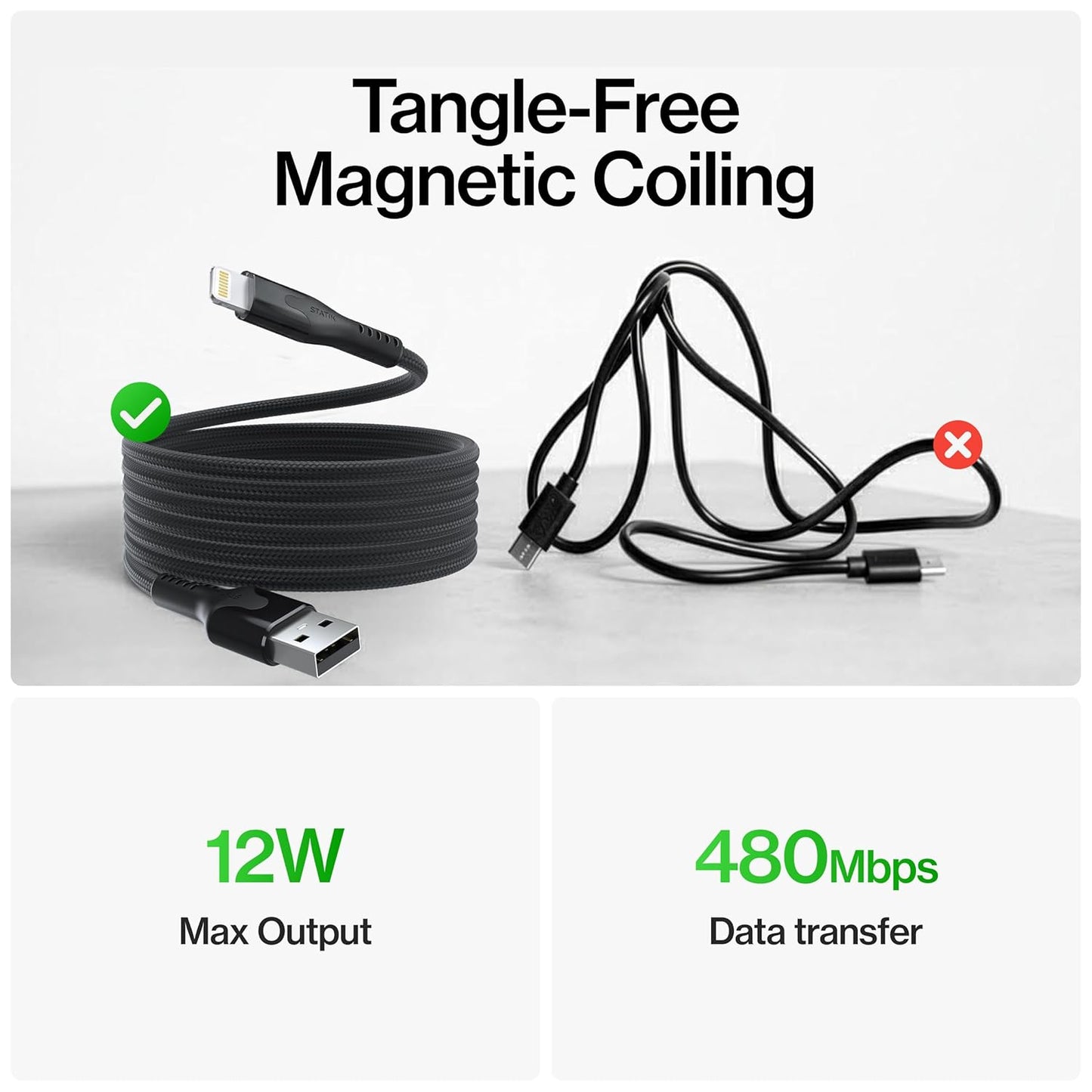 12W, 6FT Statik MagStack USB A to Lightning Cable MFi Certified, Clutter-Free Magnetic Charging Cable, Anti-Tangle