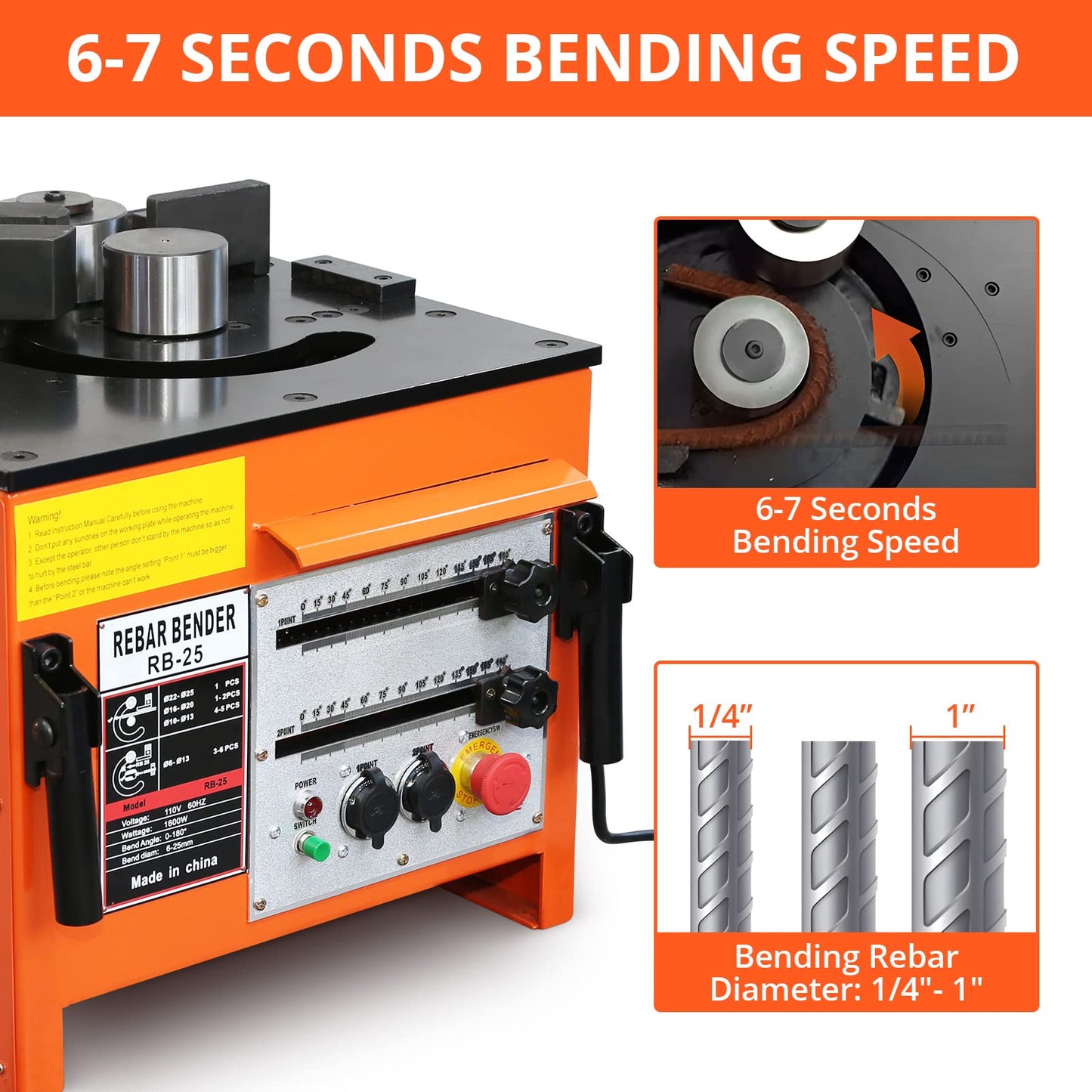 1600W Rebar Bender, 19.5"l x 17"w x 15"h, Electric Rebar Bending Machine with Foot Pedal and Handle, 0°-180° Adjustable Bending Angle, 6-7 Seconds Fast Bending Speed for 1/4" to 1" Steel Bar, Port