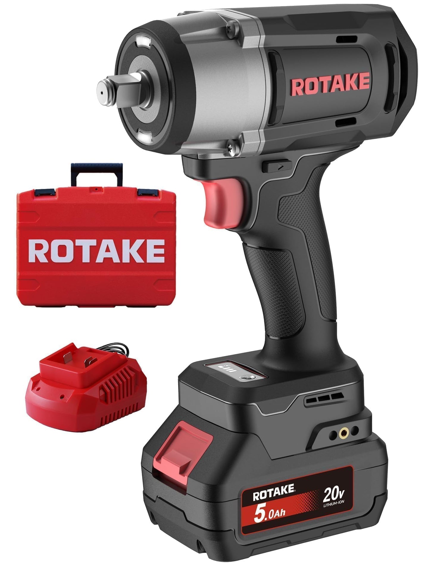 ROTAKE 20V Professional Middle Torque 1/2" Impact Wrench Kit, 880 FT-LBS Nut-Busting Torque, Cordless Impact Gun with Hog Ring, 3-in-1 Unibody Hammer Case, 5.0Ah Battery & 4A Fast Charger, TB2