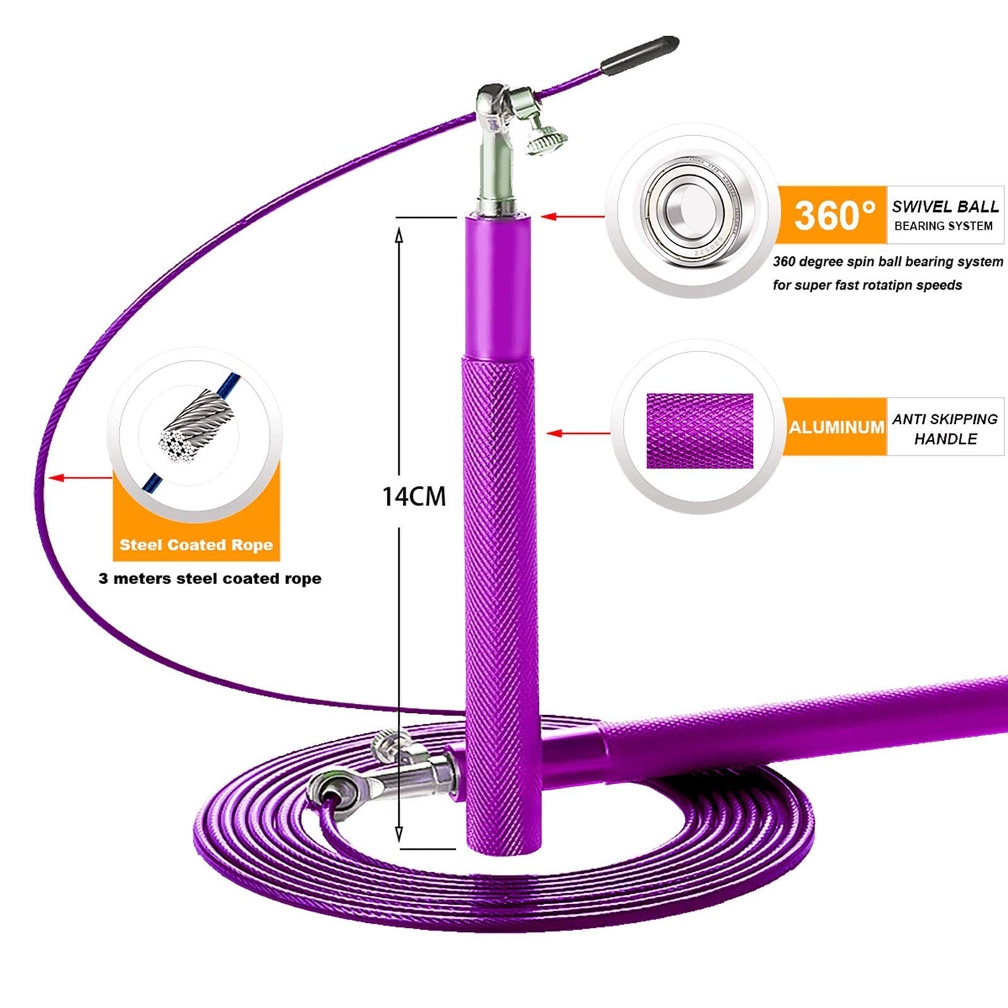 Purple Speed Jump Rope for fitness - Adjustable skipping rope- Tangle-Free-360° Swivel Ball Bearing-Aluminum Anti Skipping Handle -Training Sports Exercises -suitable for kids and adults (Purple)