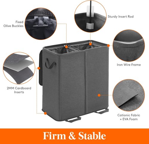 Lifewit Double Laundry Hamper - Large Collapsible Basket with Lid & Removable Bags | 136L Black