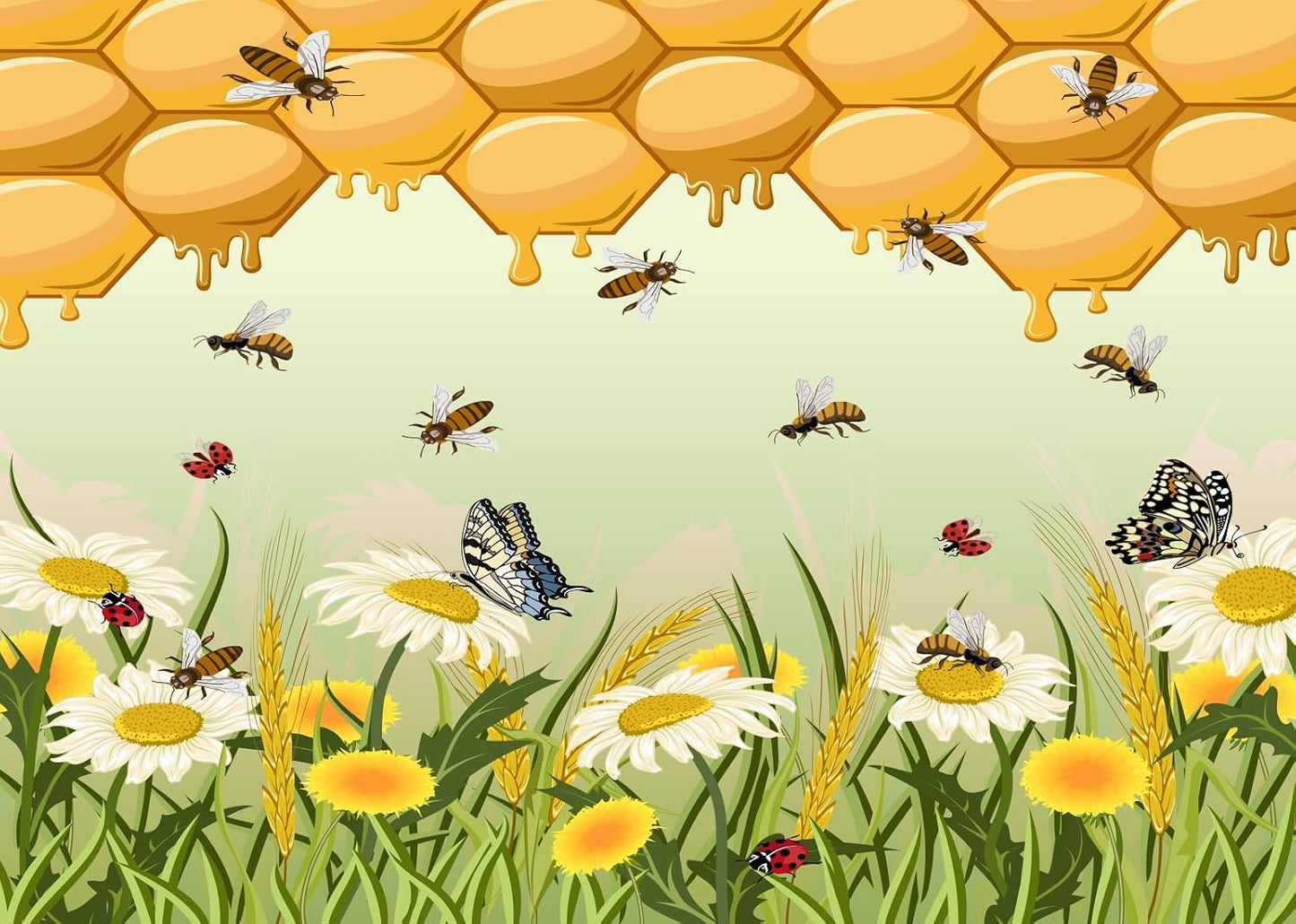 CORFOTO 10x8ft Fabric Honeycomb Bee Backdrop Golden Honeycomb Daisies Butterflies Insects Nature Scene Photography