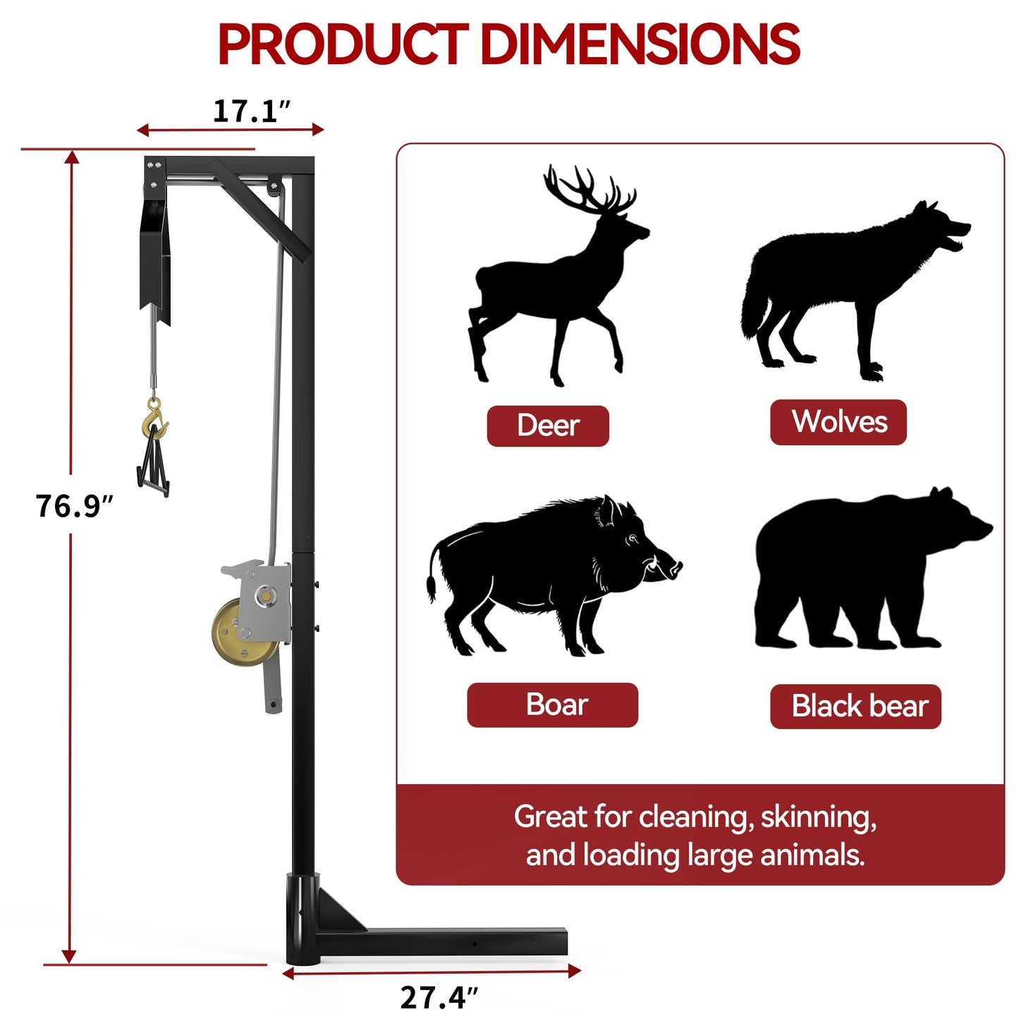 YITAMOTOR Truck Hitch Game Hoist with 2" Receiver, 500LB Game Hunting Deer Hoist, Includes Gambrel Winch for Skinning & Cleaning Game, Winch Lift Gambrel Set 360 Degree Swivel Hitch Mounted,Black