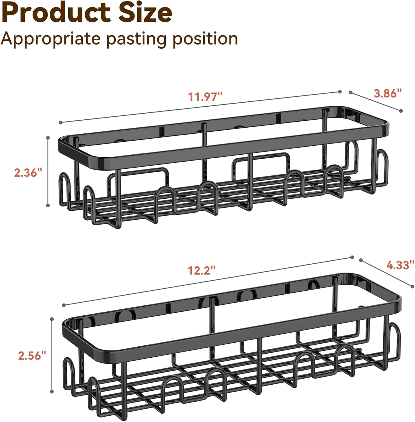 YASONIC Adhesive Shower Caddy - Rustproof 2-Pack Black Shower Shelves with Soap & Toothbrush Holder