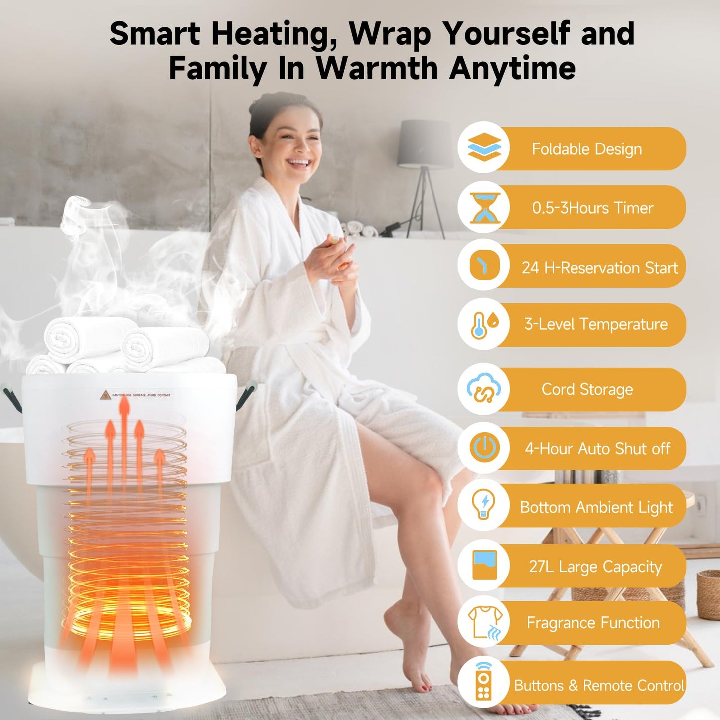 LIONROGE 27L Upgrade Foldable Towel Warmer for Bathroom with Handle- Heated Towel Warmers Bucket with Time Setting, Auto Shut Off,Fits Up to Two 40"X70" Oversized Towels, Bathrobes, Blankets