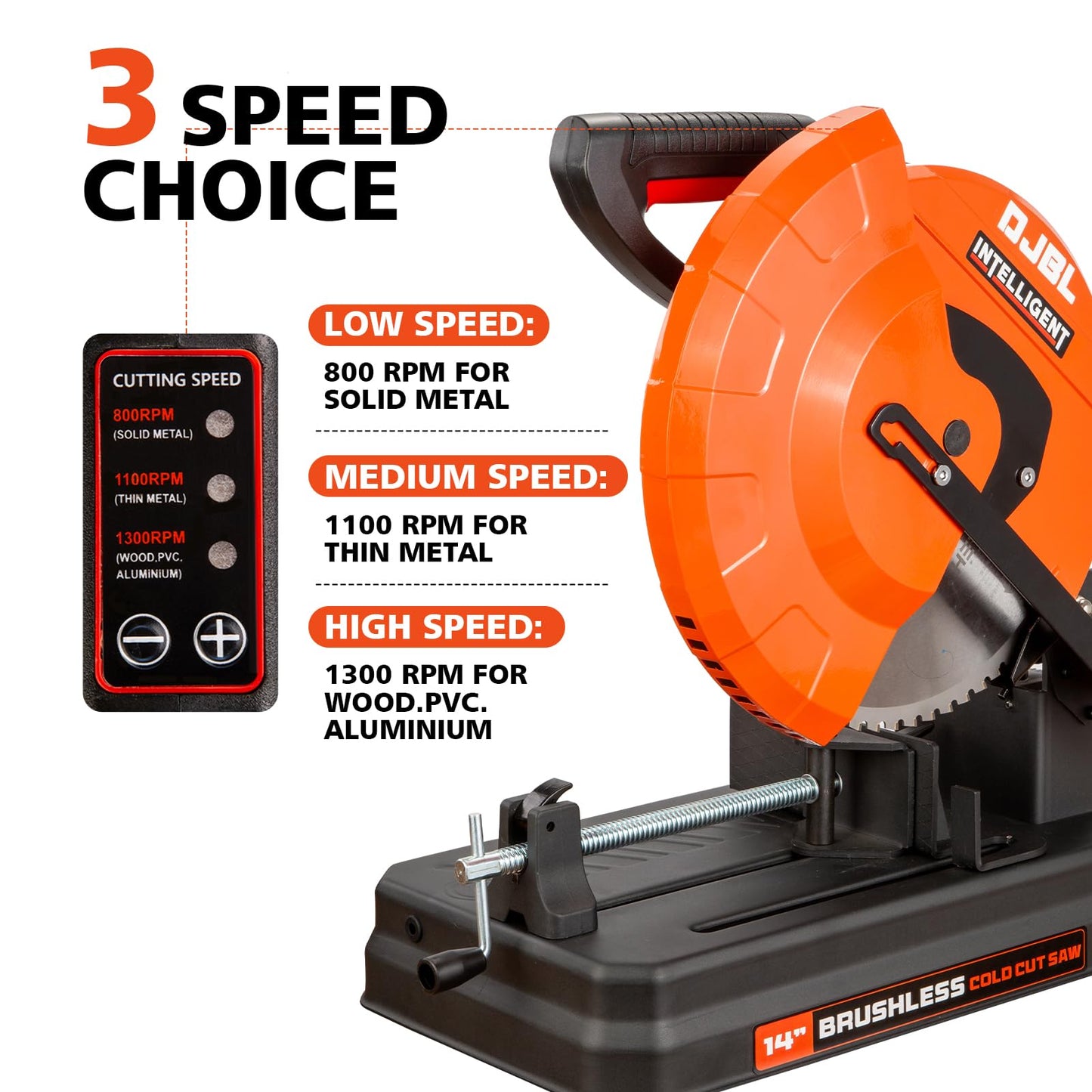 DJBL 14" 3500w Brushless Cold Cut Saw,Dry Cut Saw Cutting Speeds Changeable,Brushless Motor Metal Cut Chop Saw with 66 Teeth Ferrous Metal Cutting Blade,45 Degree Adjustable