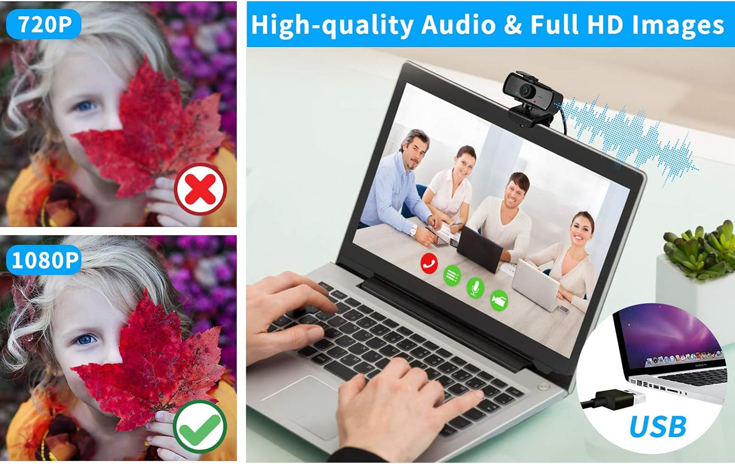 Ejfete 1080P 120 HD Webcam with Microphone and Privacy Cover, USB Plug & Play Computer Camera, Wide Angle Fixed Focus