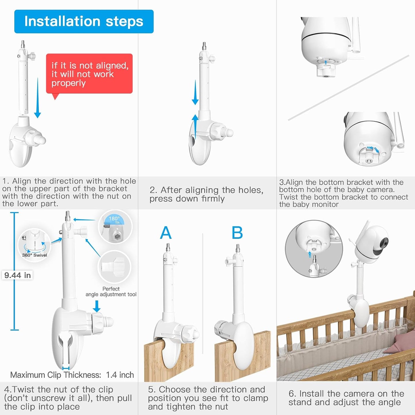MBP481/MBP482/MBP483/MBP33XL, HB66 1/4''-20 Flexible Baby Monitor Mount for Motorola Baby Monitor for Hellobaby and All