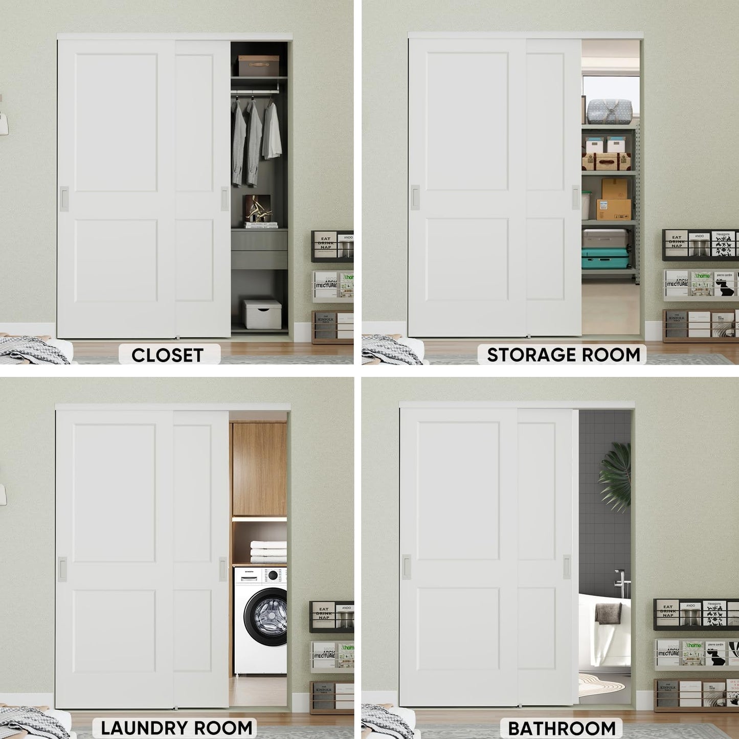 JUBEST 72 in. x 80in. Bypass Closet Door, Flat 2 Panel Shaker Style White Primed Bypass Sliding Closet Door, Interior Doors with Hardware Kits Include, Pre-drilled, Paintable