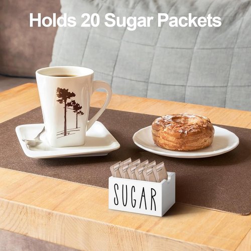 ESEHGS Sugar Packet Holder For Coffee Bar,Wood Sugar Packets Caddy, Farmhouse Sugar Cube Holder, Small Sugar Container Tea Bag Organizer for Table, Office,Hotel, Restaurant (White)