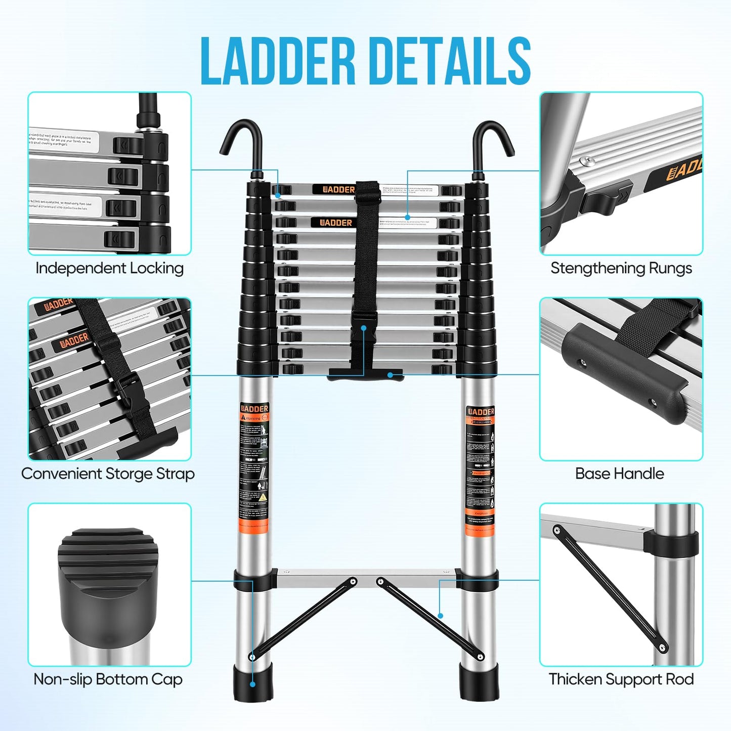 Telescoping Ladder,12.5 FT Extension Ladder w/Hooks, Stabilizers,Wheels, Heavy Duty 330lbs Max Capacity, Collapsible Folding Ladder for Rv,Roof,Outdoor