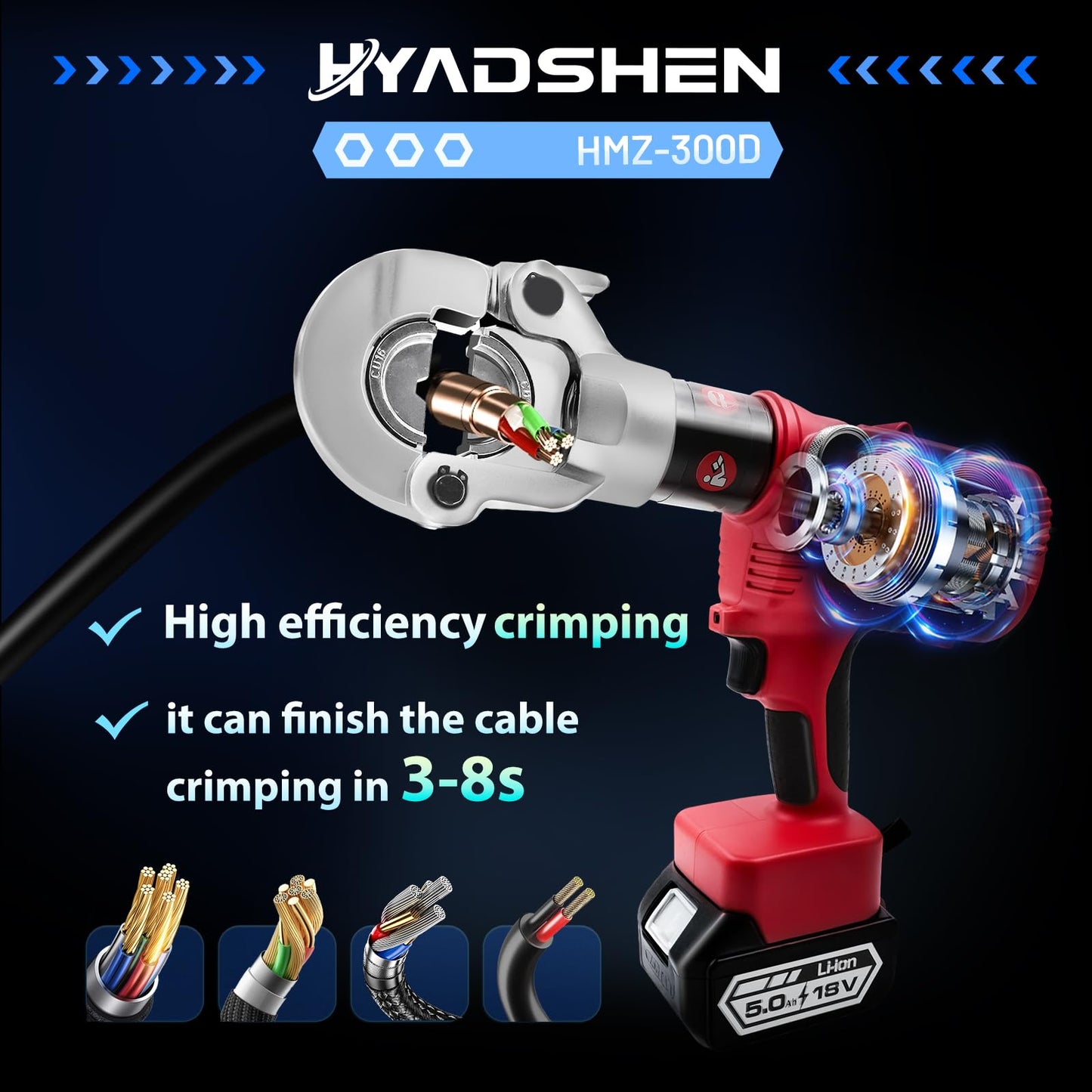 Electric Hydraulic Cable Lug Crimper Pliers Rechargeable Crimping Tool 6 Ton Electrical Terminal Cable Wire Fiber Crimper Kit,Industrial portable electric hydraulic Cable Lug crimper with 11 Dies