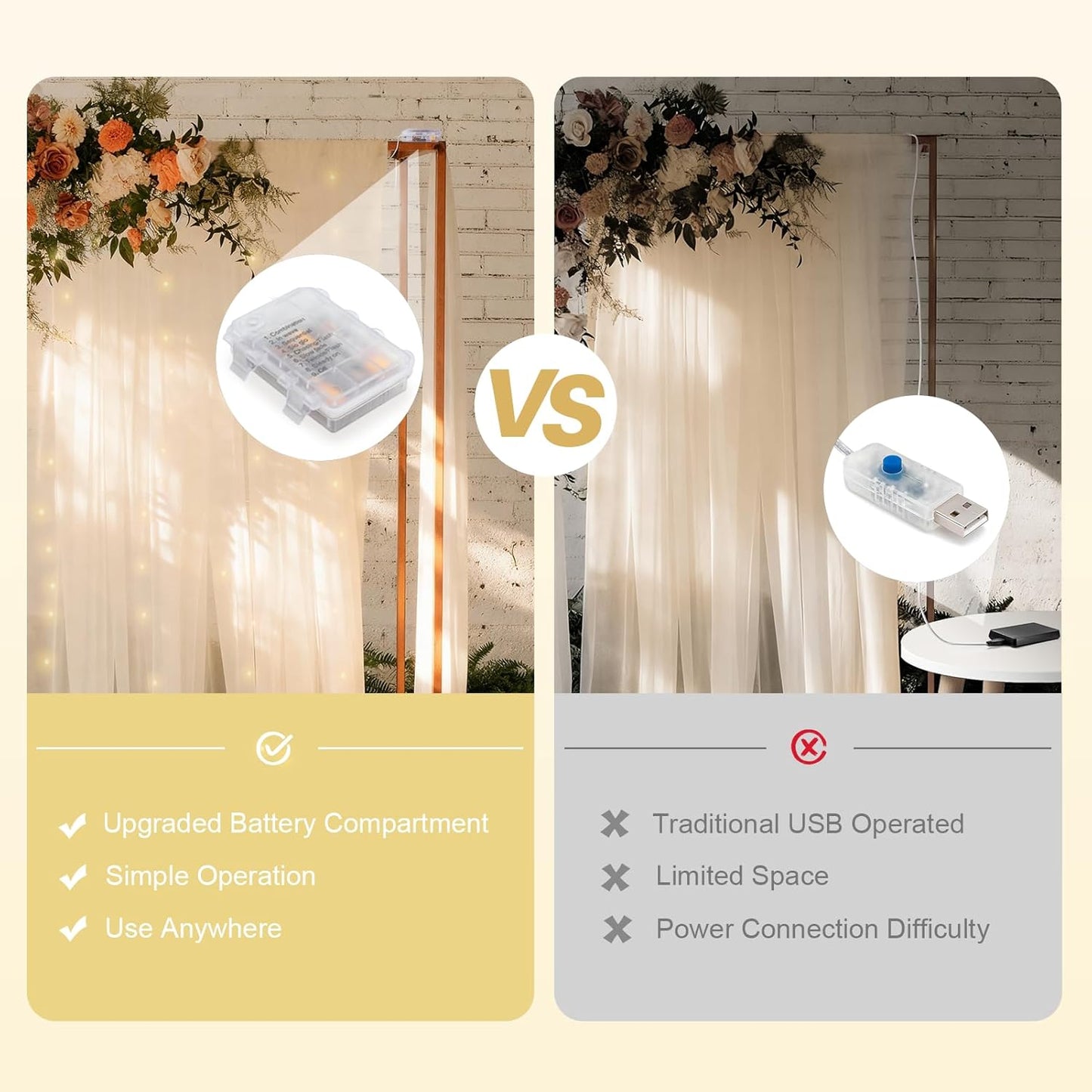 EMART 10x10ft Champagne Tulle Backdrop Curtains with Lights String,Sheer Backdrop Curtains for Wedding, Baby