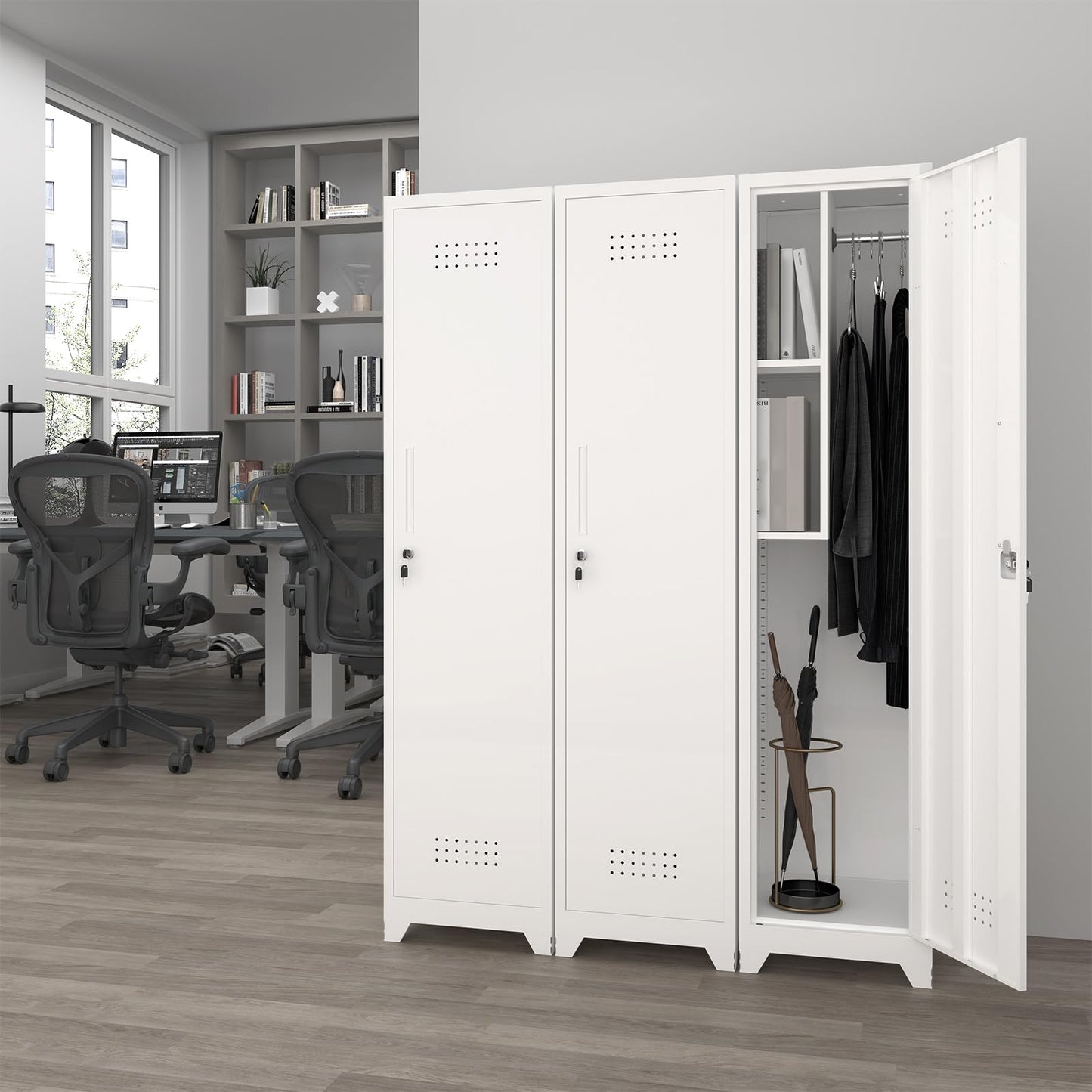 GEDELITE Metal Garage Storage Cabinet,Broom Closet Storage Cabinet,Utility Closet Cabinet for Broom,Garage,Kichen,White