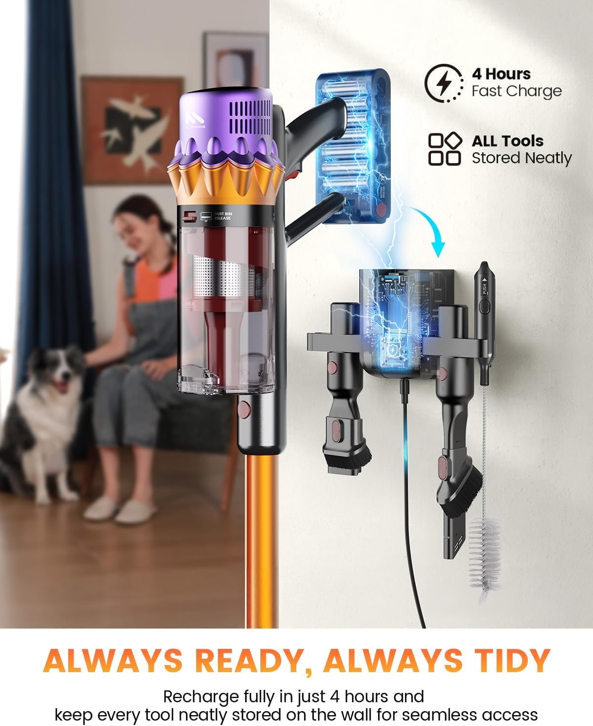 AlloyMove Cordless Vacuum Cleaner, 550W 50KPA 80Mins Self-Standing Cordless Vacuum for Home, With Wall Mount Charging/LED Display/Anti-Tangle Brush Stick Vacuum for Carpet/Pet Hair/Hardwood Floor, A05
