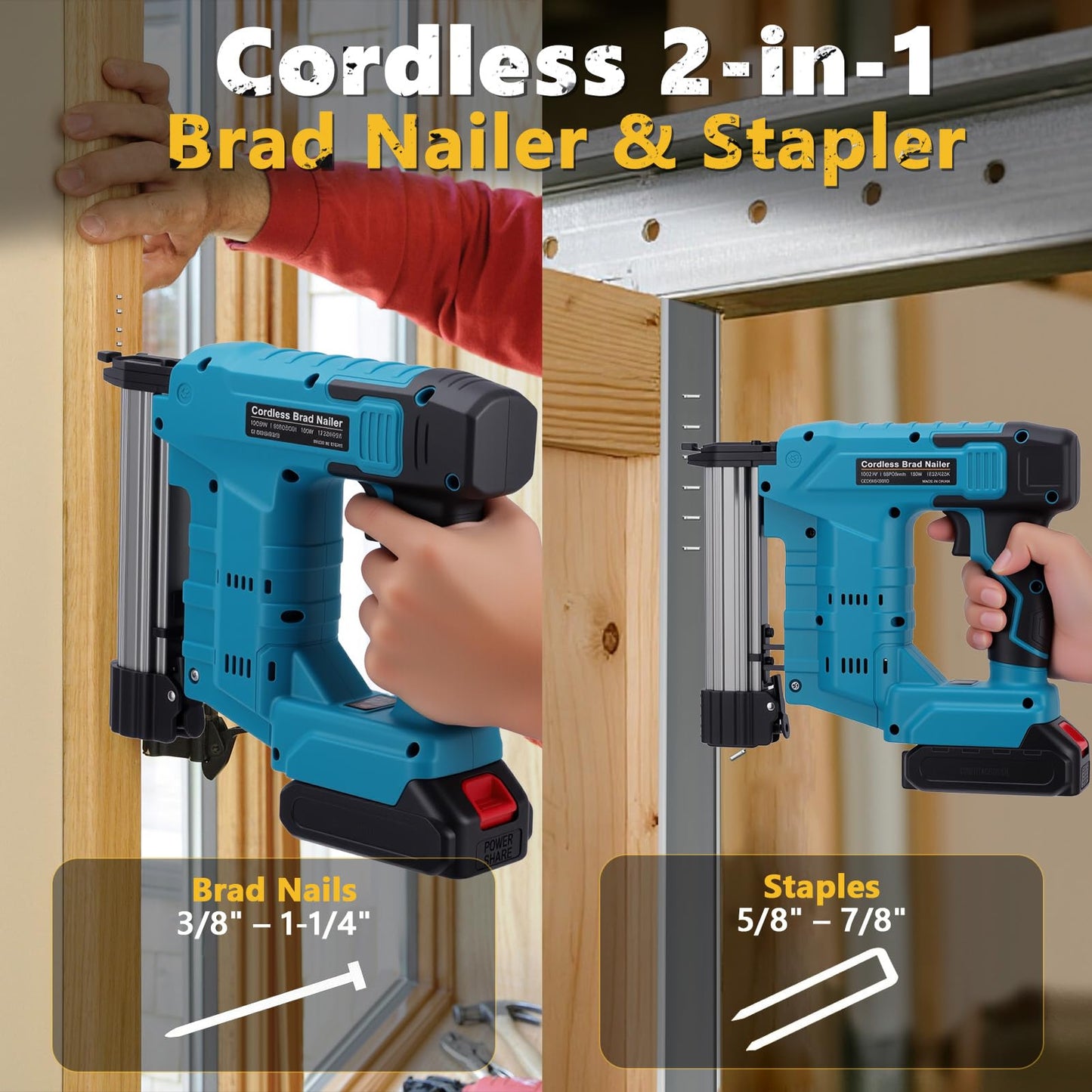WODHMIEY Electric Nail Gun 2 Modes Battery Powered 18 Ga Brad Nailer, 20V Cordless Nail Gun Compatible with Battery, Copper Motor Heavy Duty Stapler for Woodworking Projects (2 Batteries)