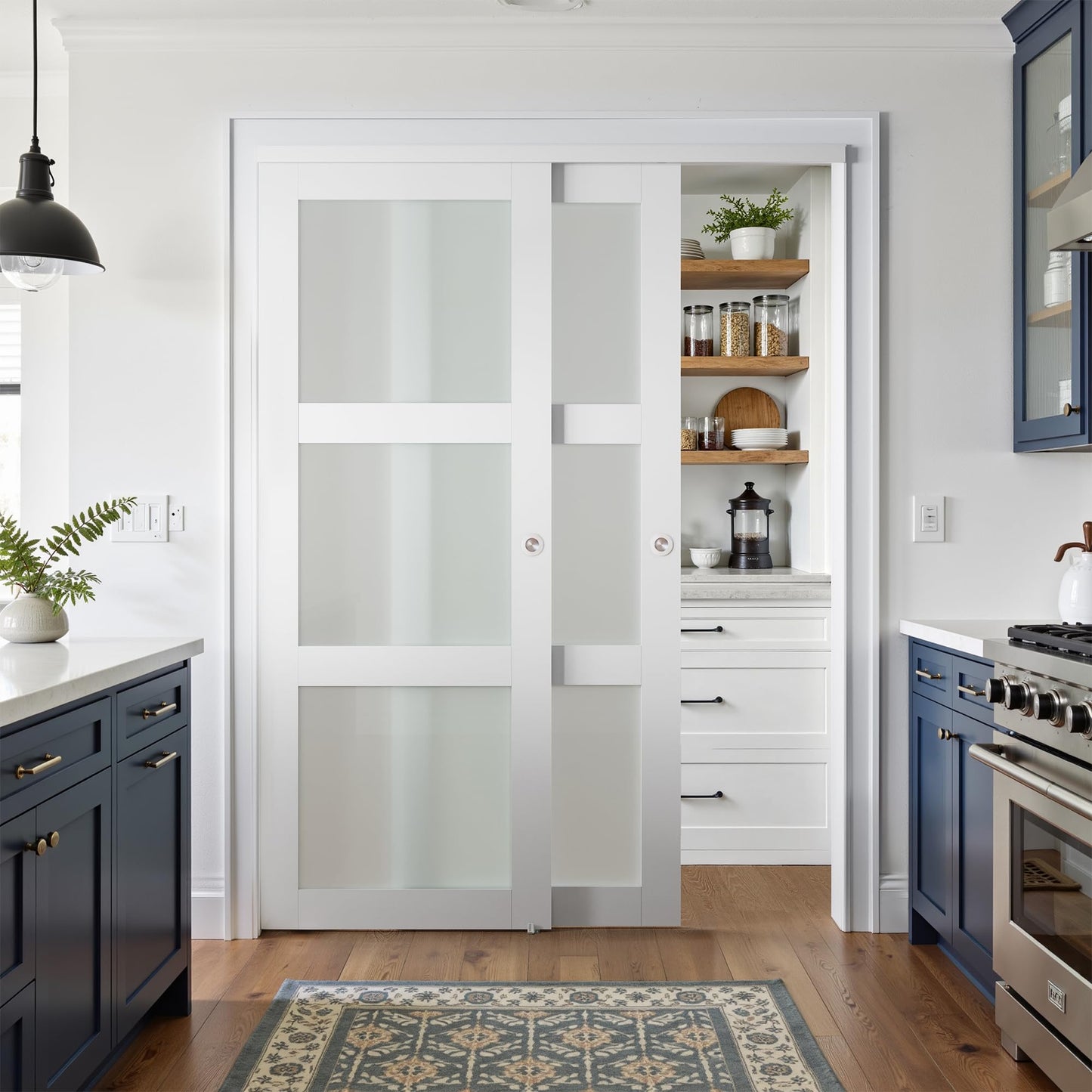 COSHOMER Sliding Closet Door for 64" x 80" Opening, 3-Lite Frosted Glass MDF Barn Door with Hardware Kit Set, Door Panels Need to Assemble, White