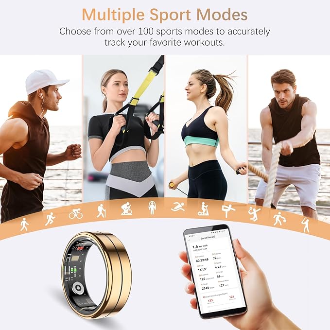 Fit Ring, Smart Health Rings for Women Men with Heart Rate,Blood Oxygen,HRV,Stress Level, Sleep Monitor, Step Tracker, No Subscription Fee, IP68 Waterproof Smart Ring for iphone &Android (Gold, 9#)