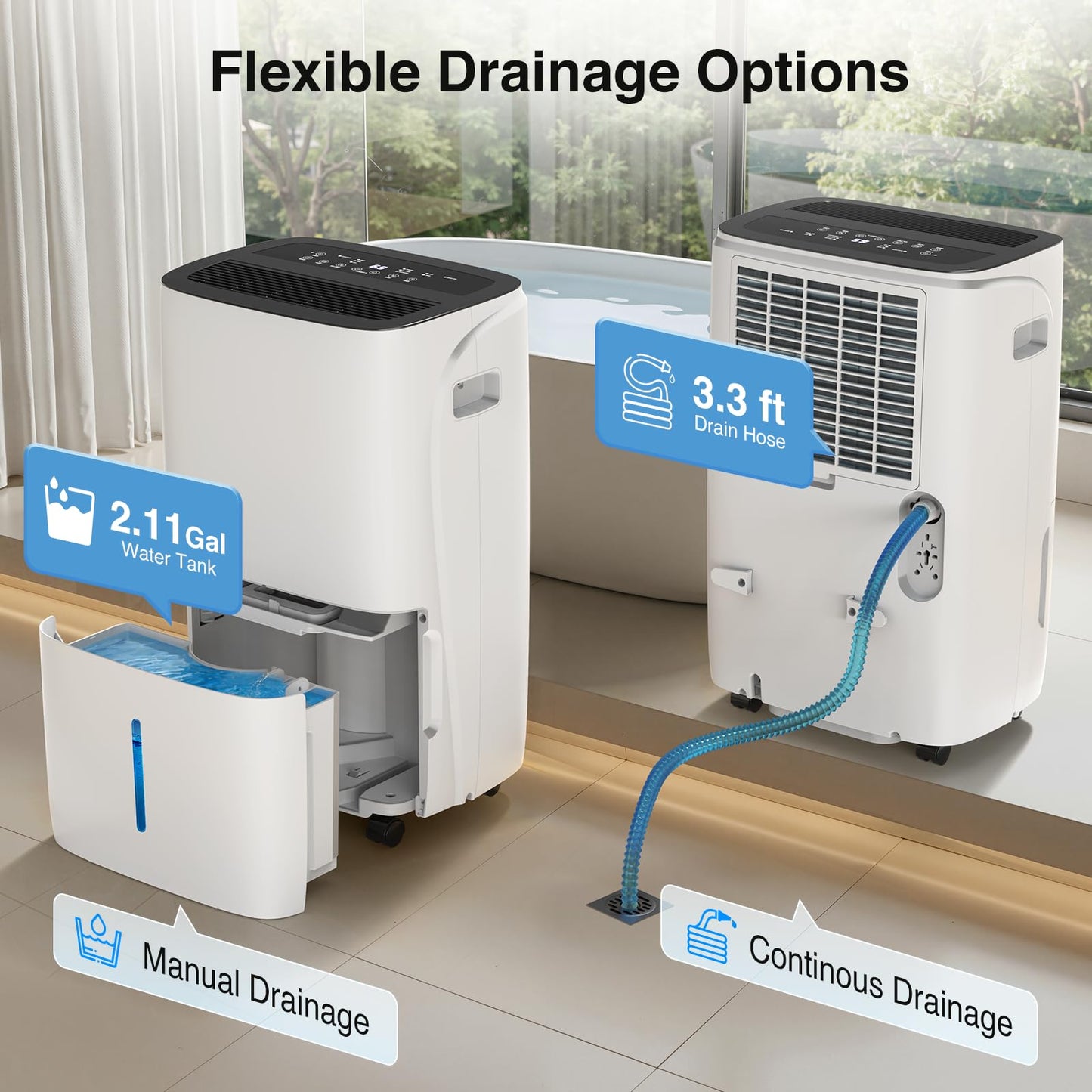 ZAFRO 7000 Sq.Ft Dehumidifiers for Home and Basement with Drain Hose, Energy Saving Max 150 Pints Dehumidifier with Auto or Manual Drainage, Auto Defrost, Three Modes, 24Hrs Timer