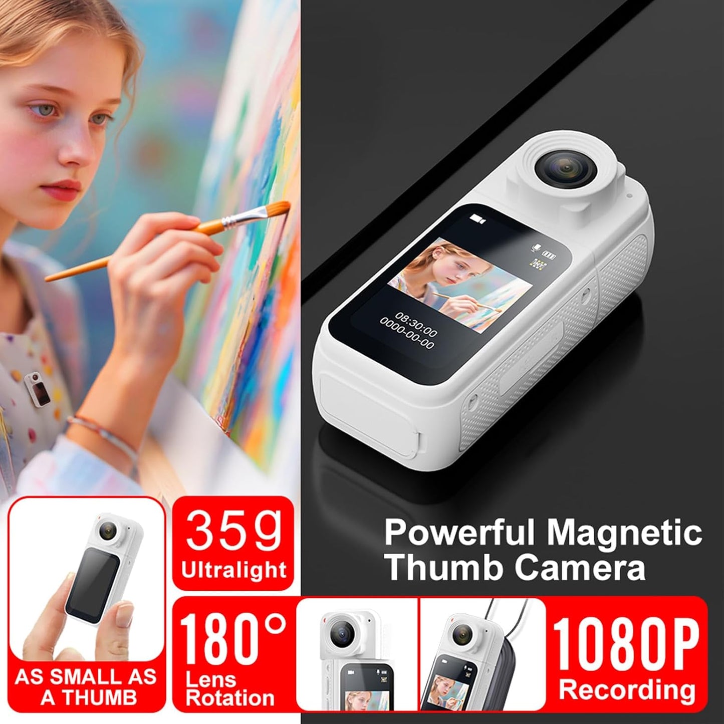 1080P Zyyini Action Camera, Mini Body Wearable Portable Thumb Camera Video Recorder with Magnetic Lanyard, One Click